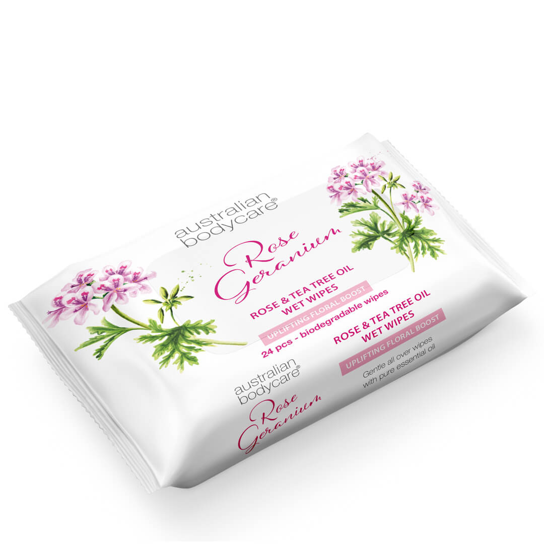 Chusteczki nawilżane z pelargonium i olejkiem z drzewa herbacianego (24 szt.) - Usuwa bakterie, brud i makijaż