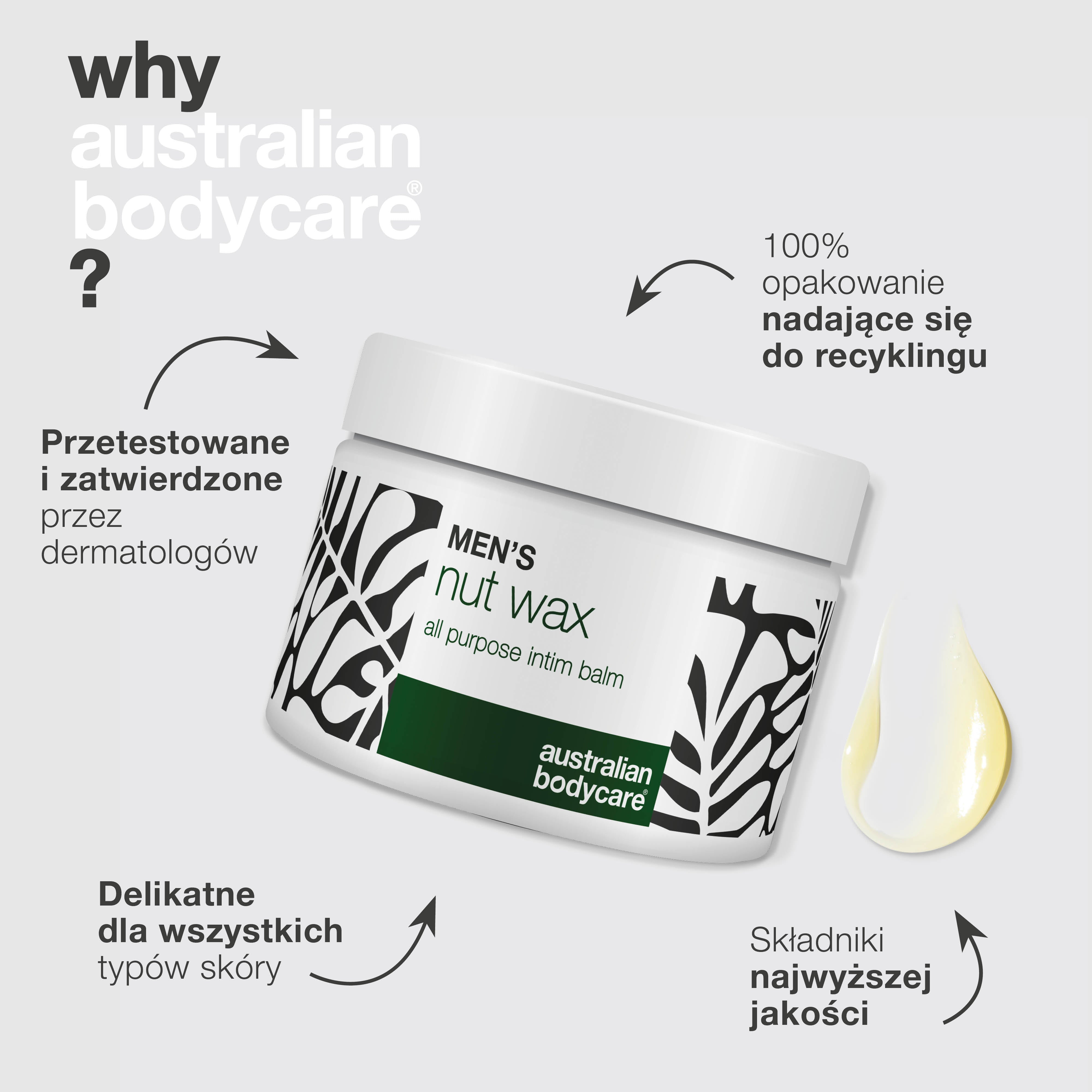 Wosk intymny dla mężczyzn redukuje pot, tarcie i zapach. Pielęgnuje wrażliwą skórę dzięki masłu shea, skwalanowi i kojącym składnikom.