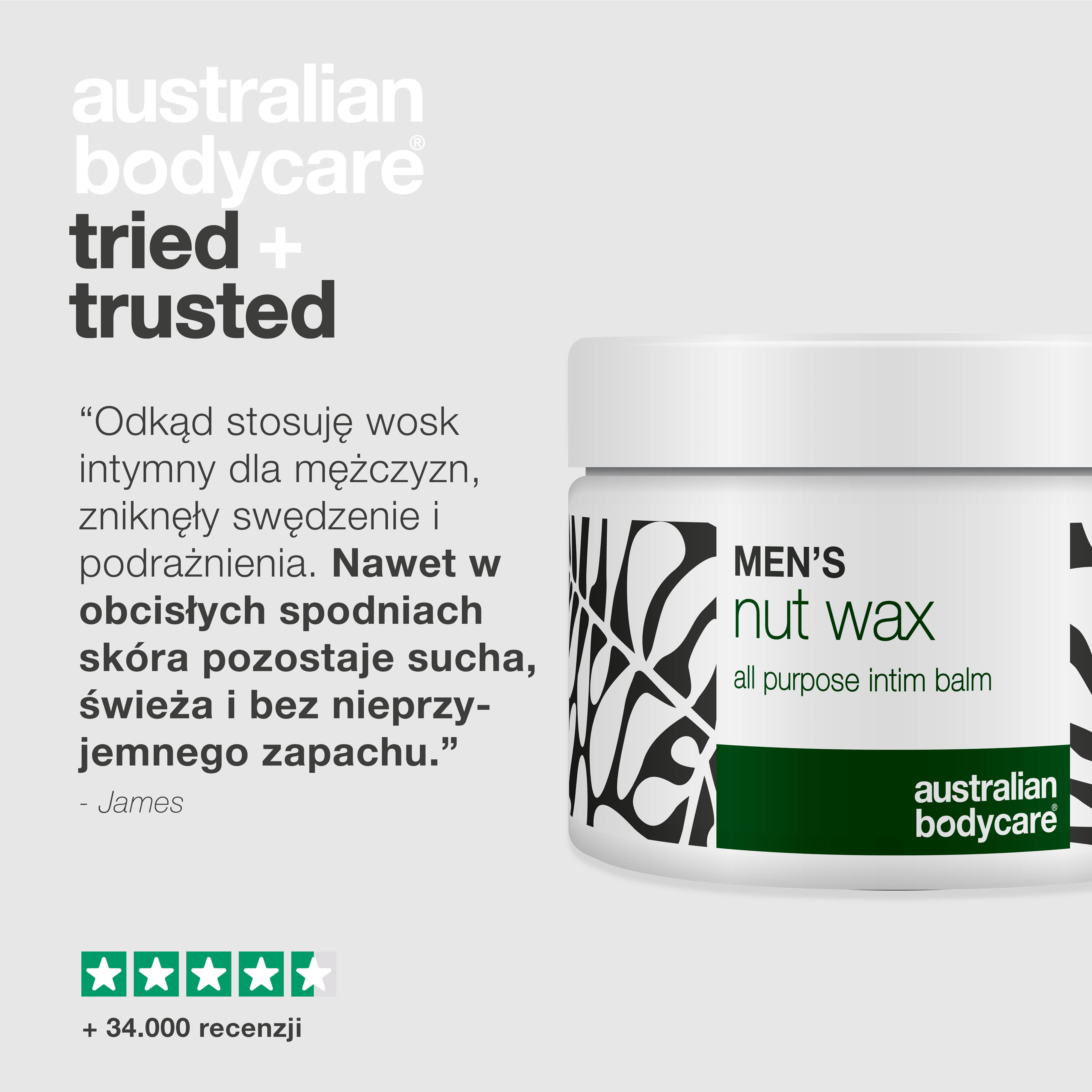 Wosk intymny dla mężczyzn redukuje pot, tarcie i zapach. Pielęgnuje wrażliwą skórę dzięki masłu shea, skwalanowi i kojącym składnikom.
