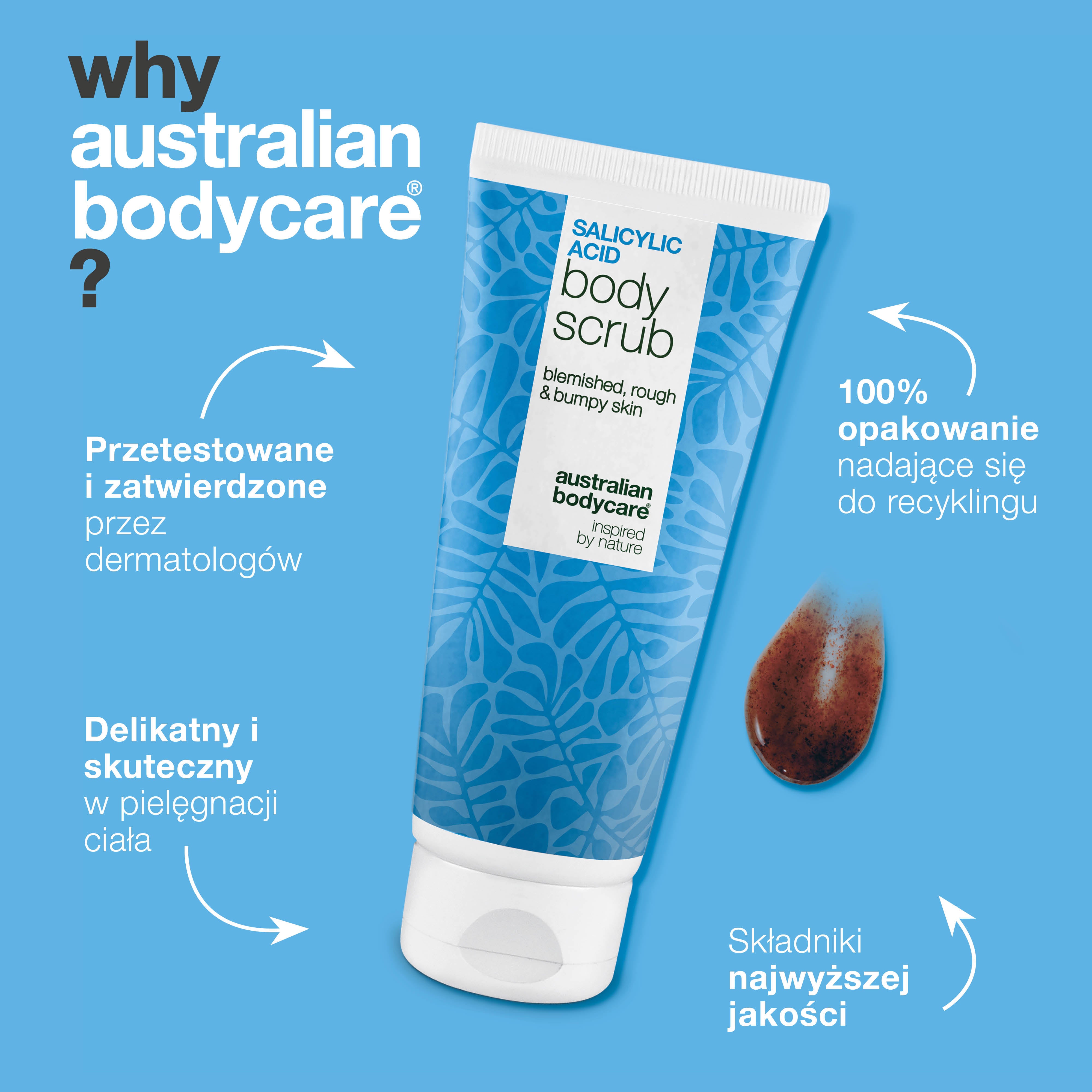 Peeling do ciała z kwasem salicylowym dla gładkiej i czystej skóry — Peeling do ciała z kwasem salicylowym usuwa niedoskonałości i oczyszcza pory. Z kwasem salicylowym, glikolowym i alantoiną.