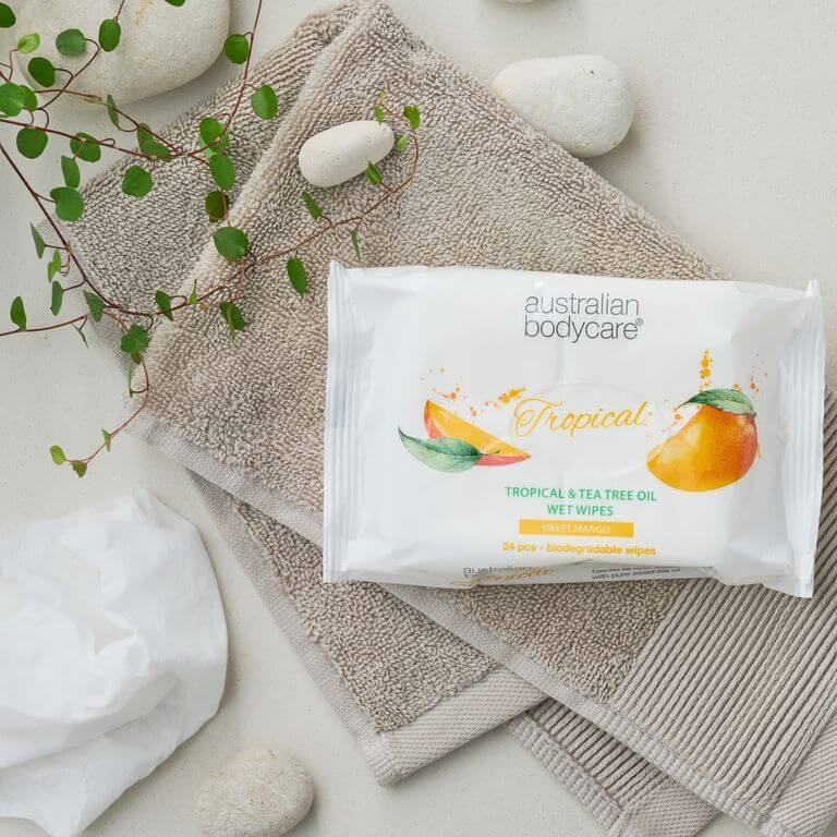 Chusteczki nawilżane z mango & olejkiem herbacianym (24 szt.) - Do codziennego oczyszczania ciała i twarzy
