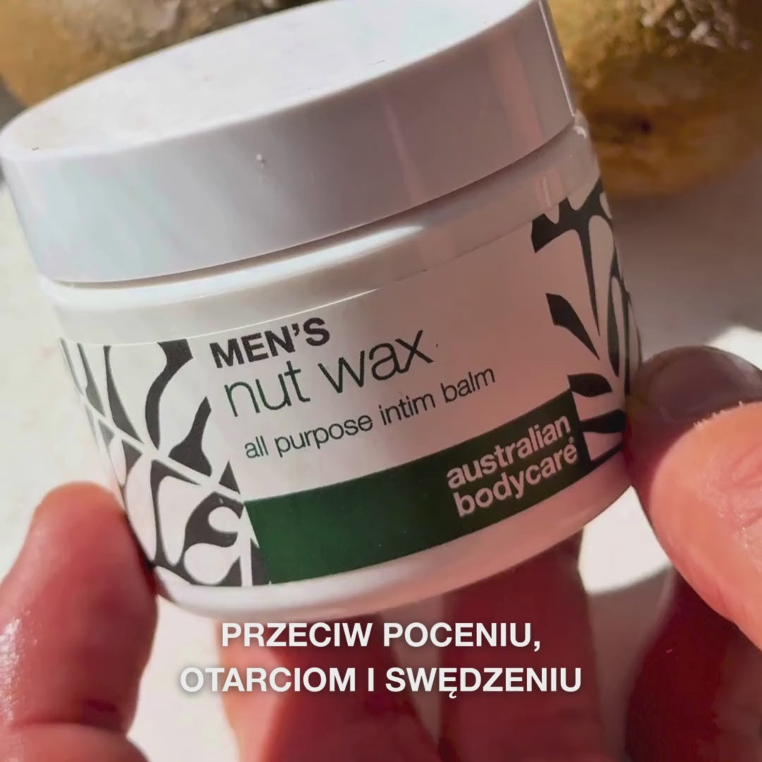 Nut Wax dla mężczyzn przeciw poceniu się, otarciom i nieprzyjemnemu zapachowi w okolicach intymnych. Nawilża i chroni skórę dzięki masłu shea, skwalanowi i bisabololowi.