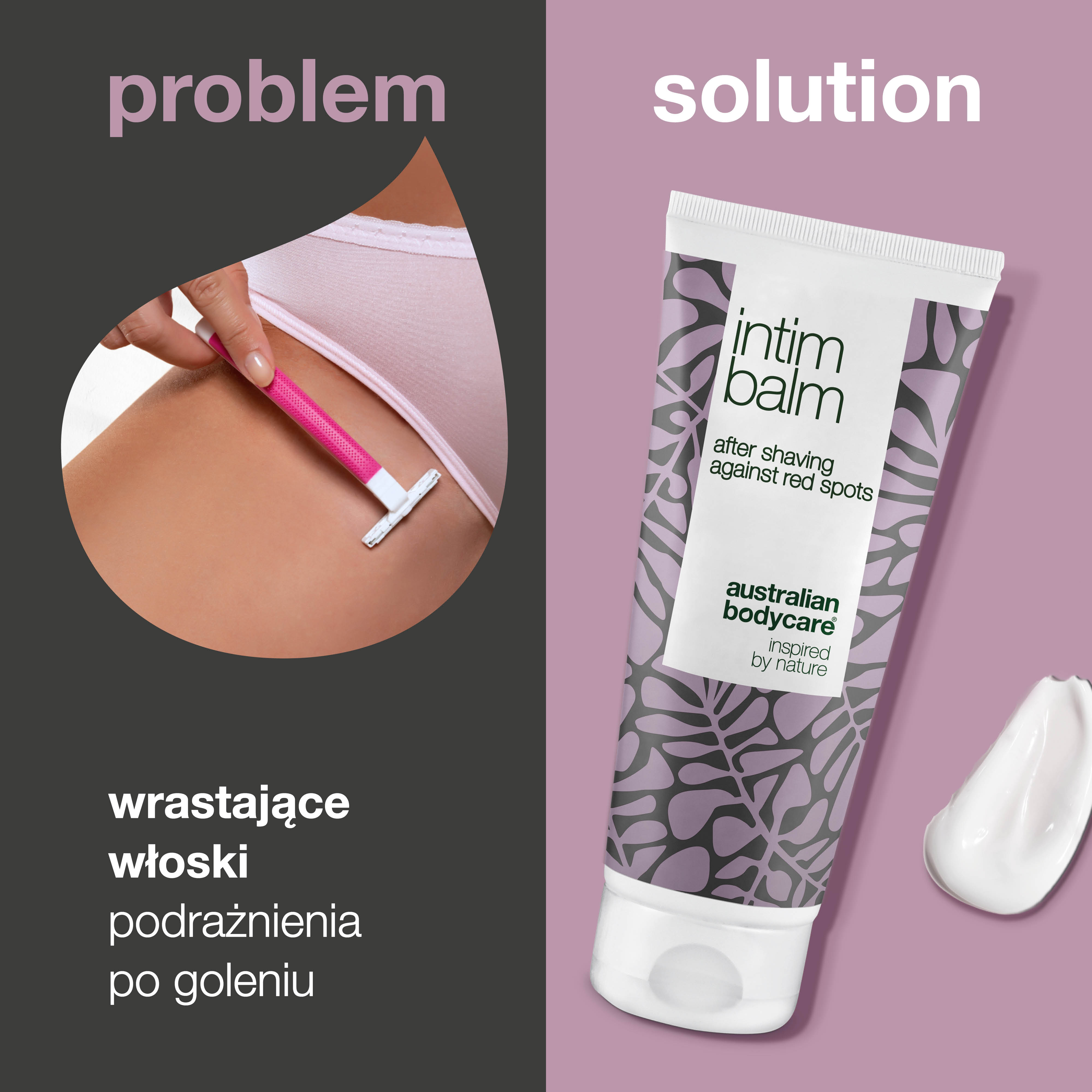 Balsam po goleniu przeciw wrastającym włoskom — Balsam przeciw zaczerwienieniom i wrastającym włosom po goleniu miejsc intymnych