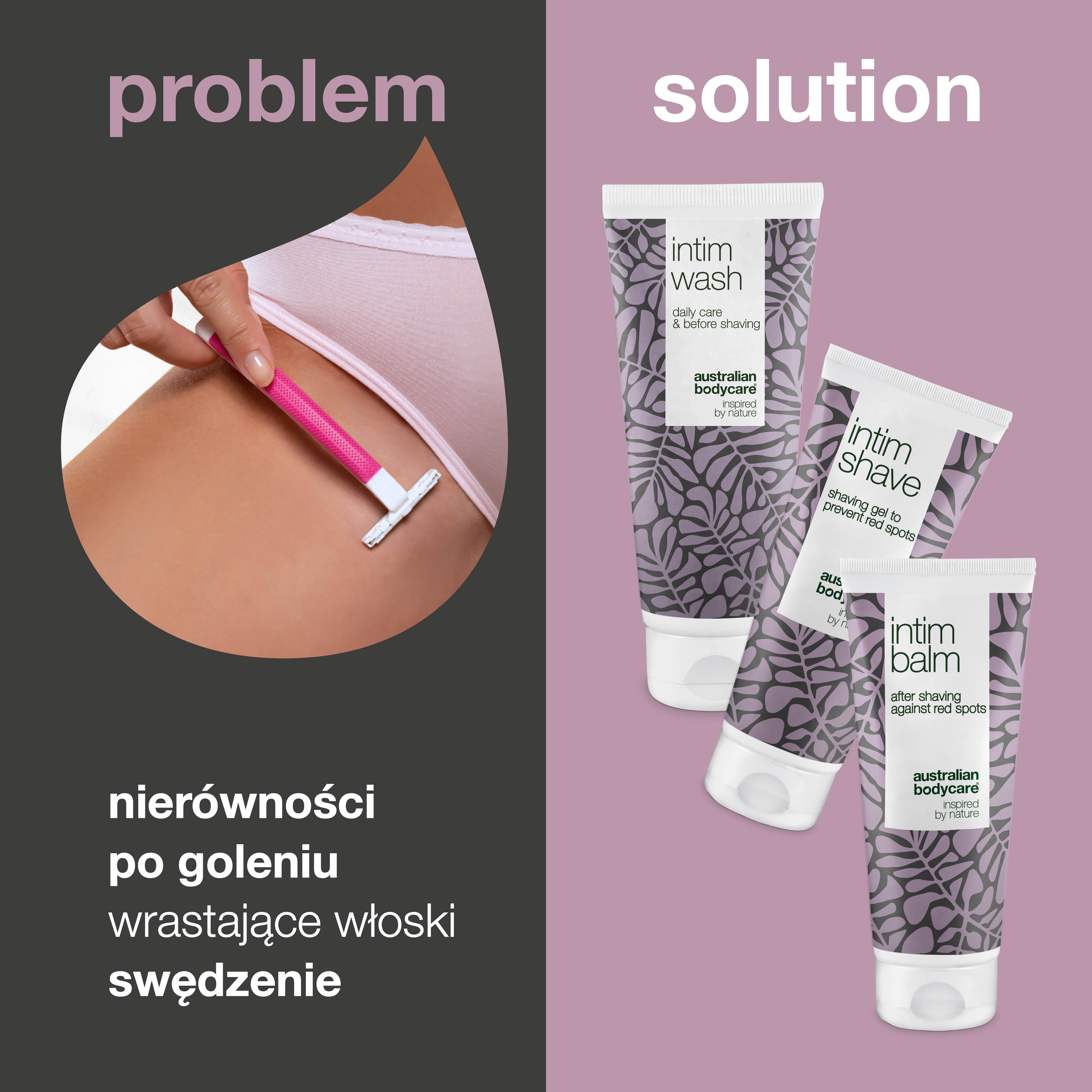 Zestaw produktów do golenia intymnego — 3 produkty przeciw wrastającym włoskom, podrażnieniom i czerwonym krostkom po goleniu intymnym