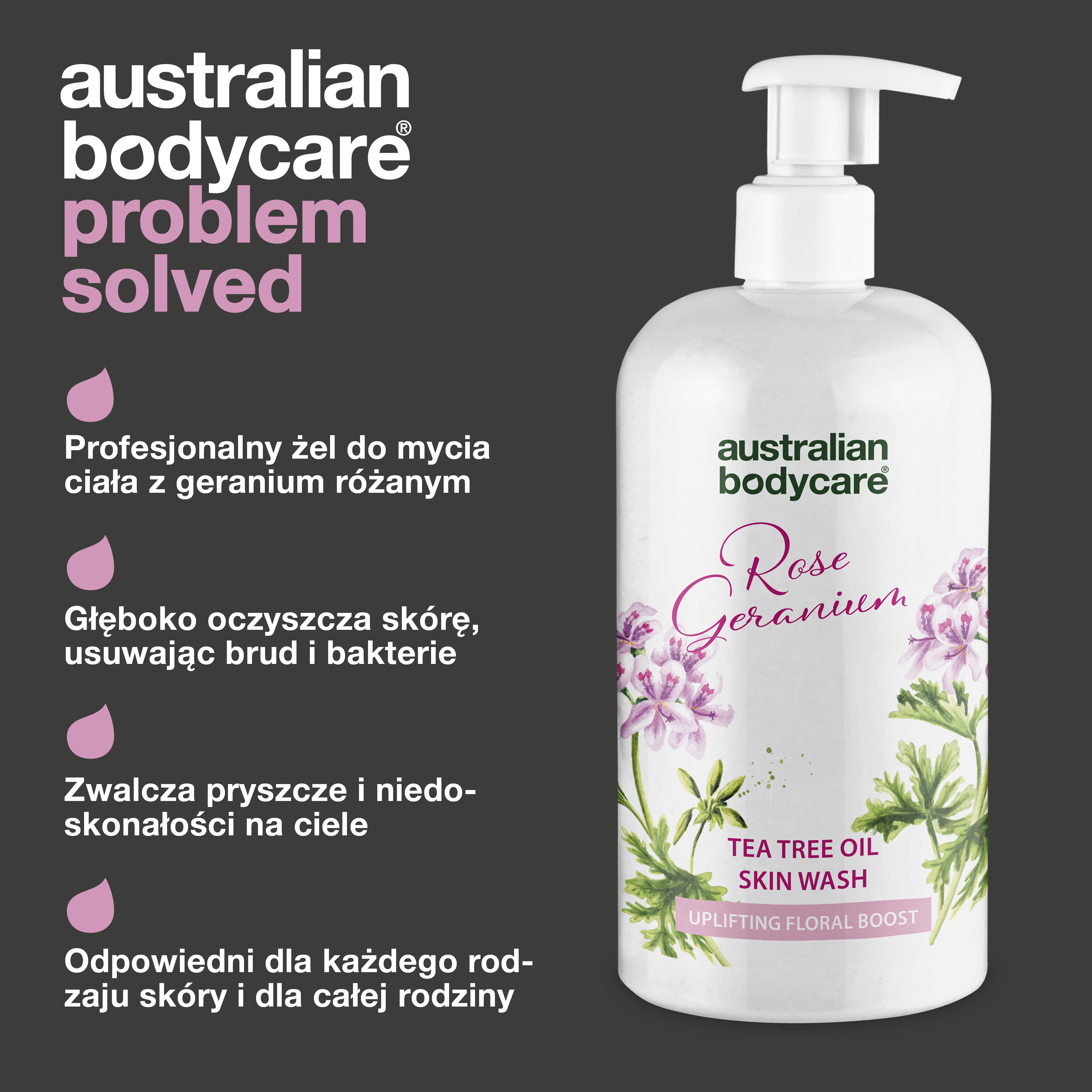 Profesjonalny żel pod prysznic Rose Skin Wash: głęboko oczyszczający żel pod prysznic z olejkiem z drzewa herbacianego i geranium różanym