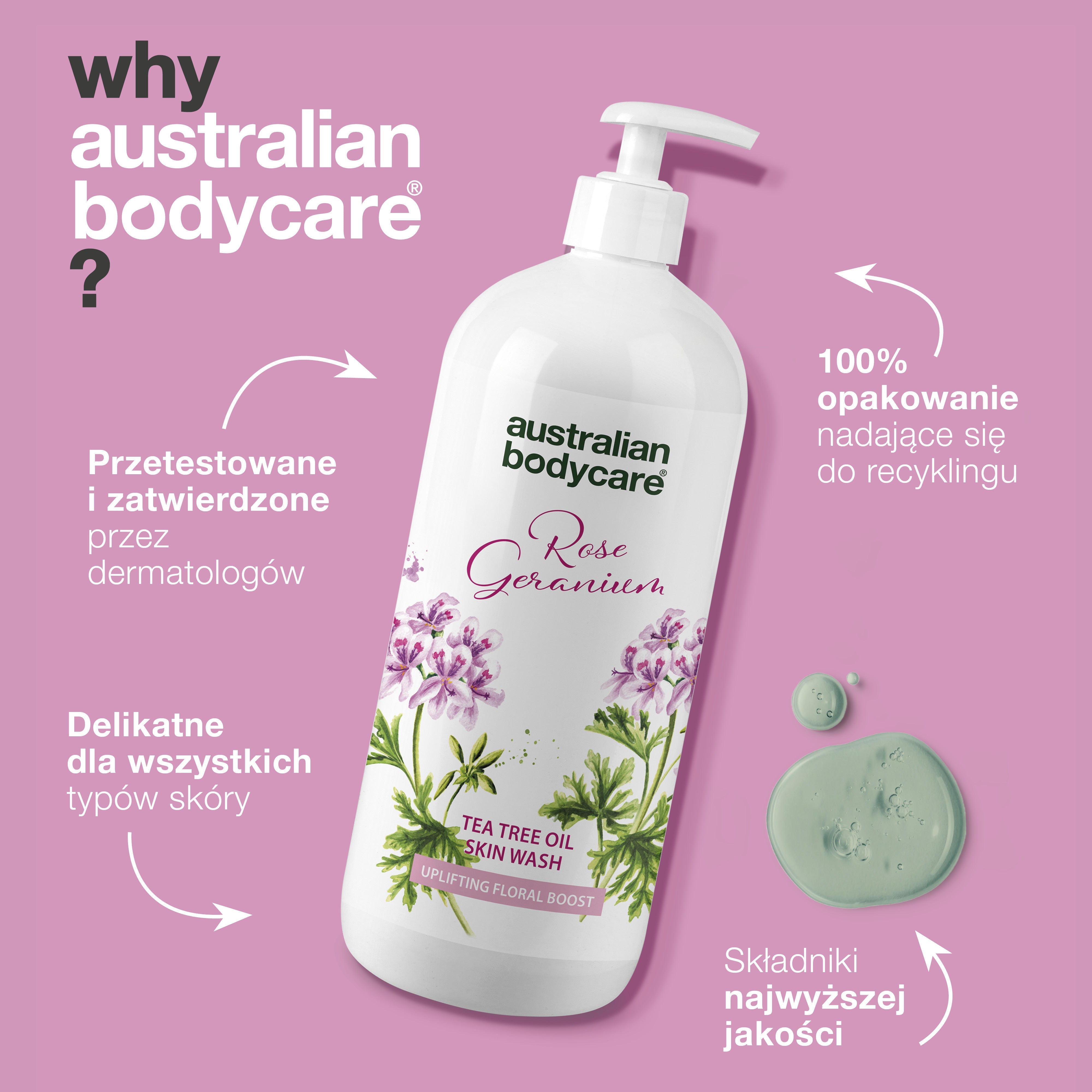 Profesjonalny żel pod prysznic Rose Skin Wash: głęboko oczyszczający żel pod prysznic z olejkiem z drzewa herbacianego i geranium różanym