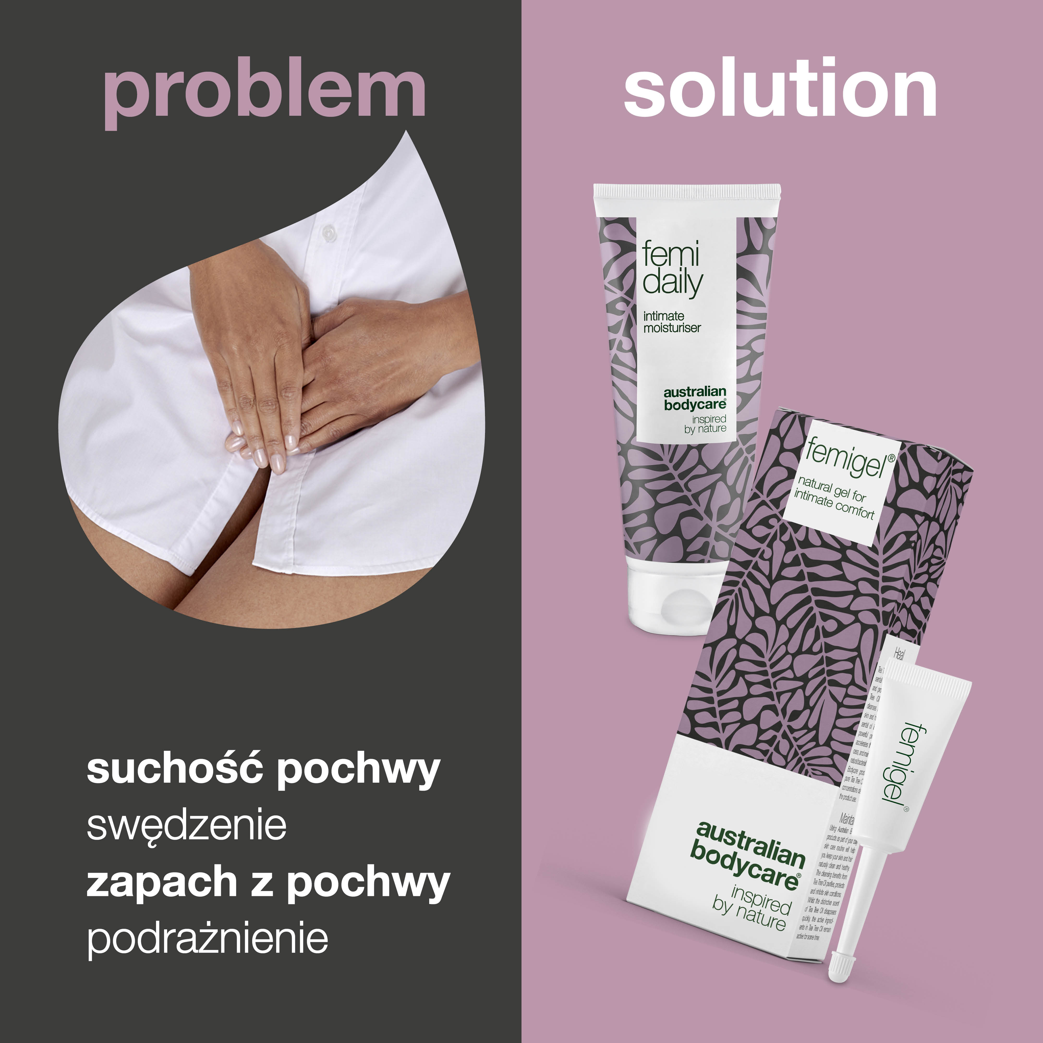 2 produkty intymne na dolegliwości intymne — Produkty intymne na suchość pochwy, swędzenie narządów płciowych i nieprzyjemny zapach z pochwy