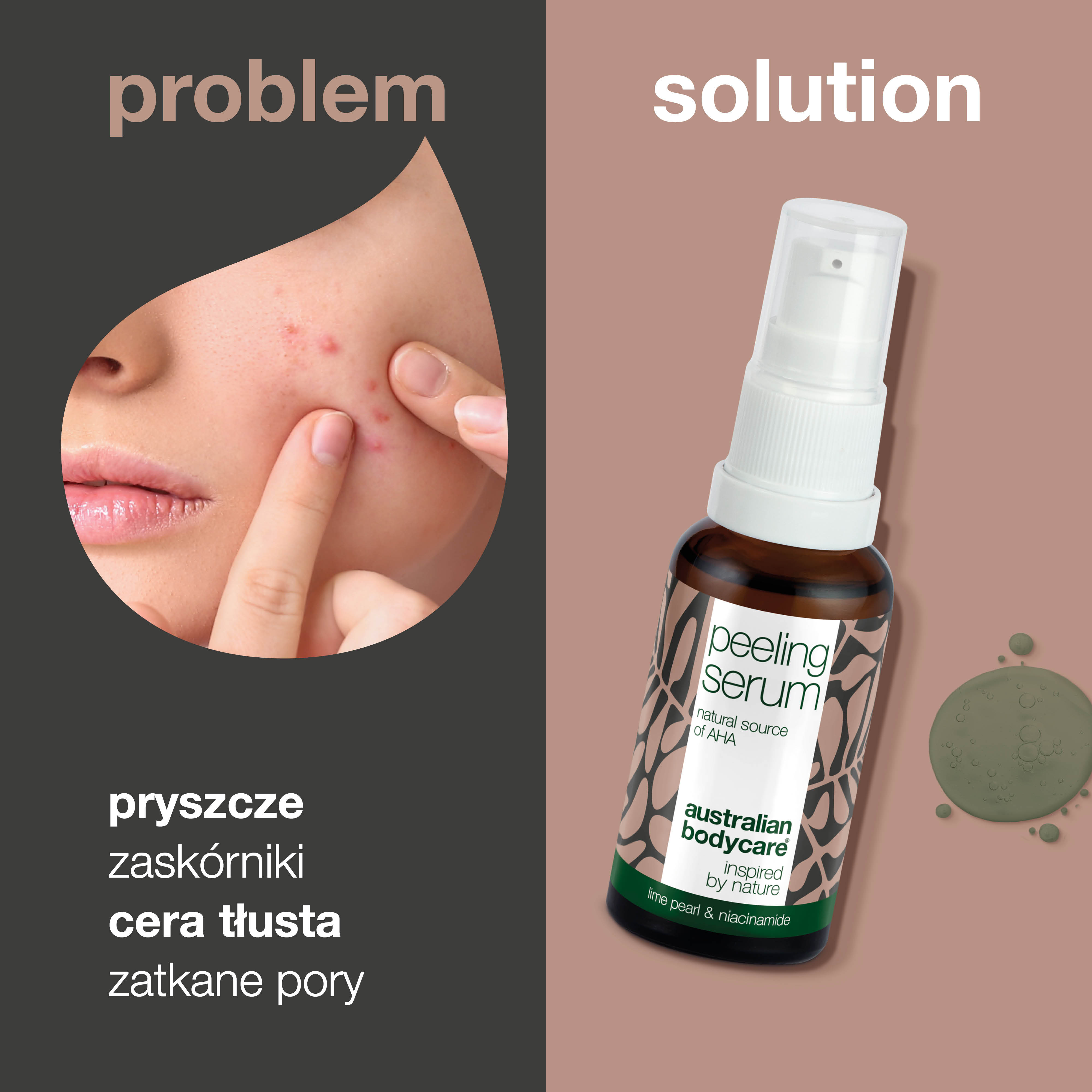 Serum peelingujące AHA do delikatnego złuszczania skóry — Naturalne serum peelingujące z kwasem owocowym AHA, olejkiem z drzewa herbacianego i niacynamidem