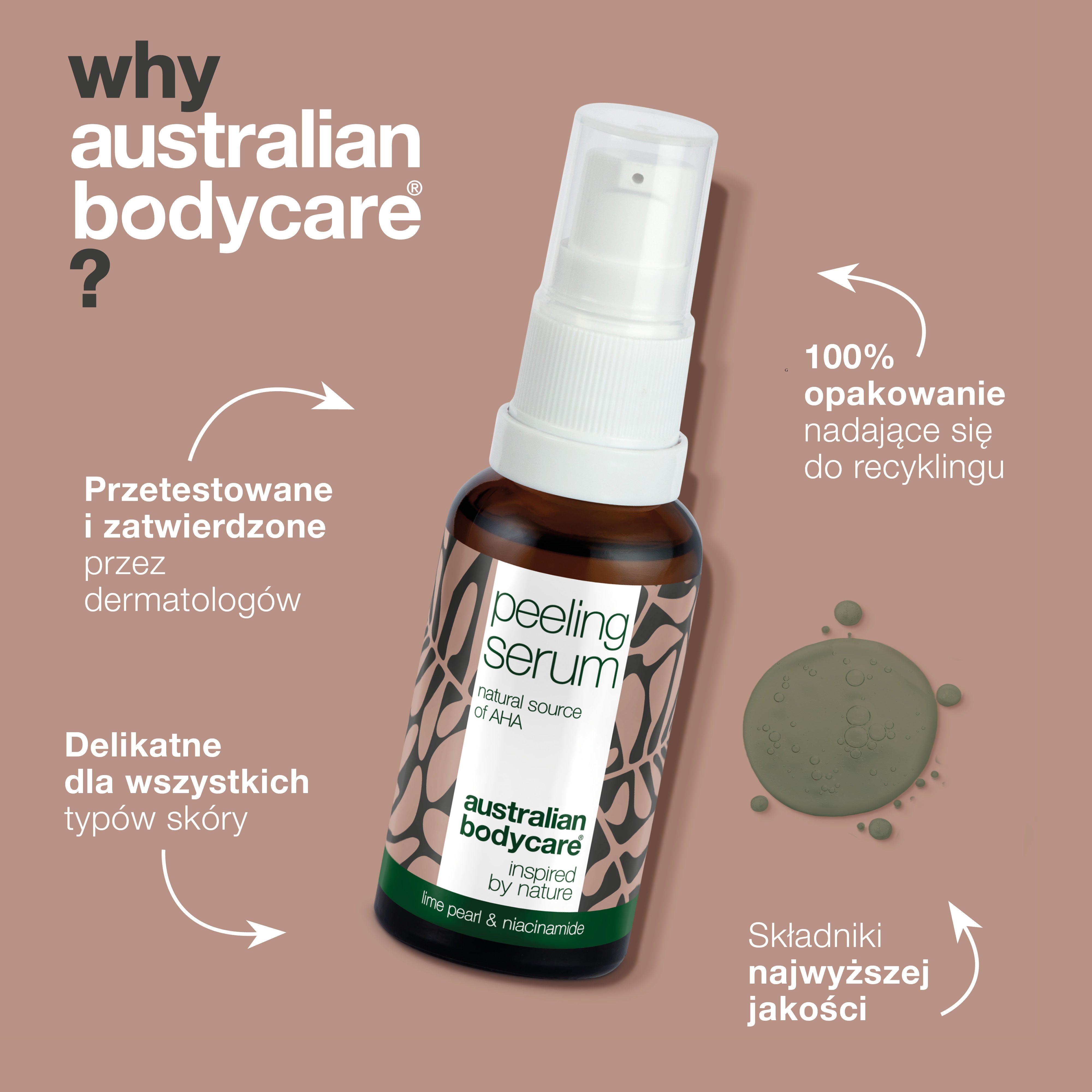 Serum peelingujące AHA do delikatnego złuszczania skóry — Naturalne serum peelingujące z kwasem owocowym AHA, olejkiem z drzewa herbacianego i niacynamidem