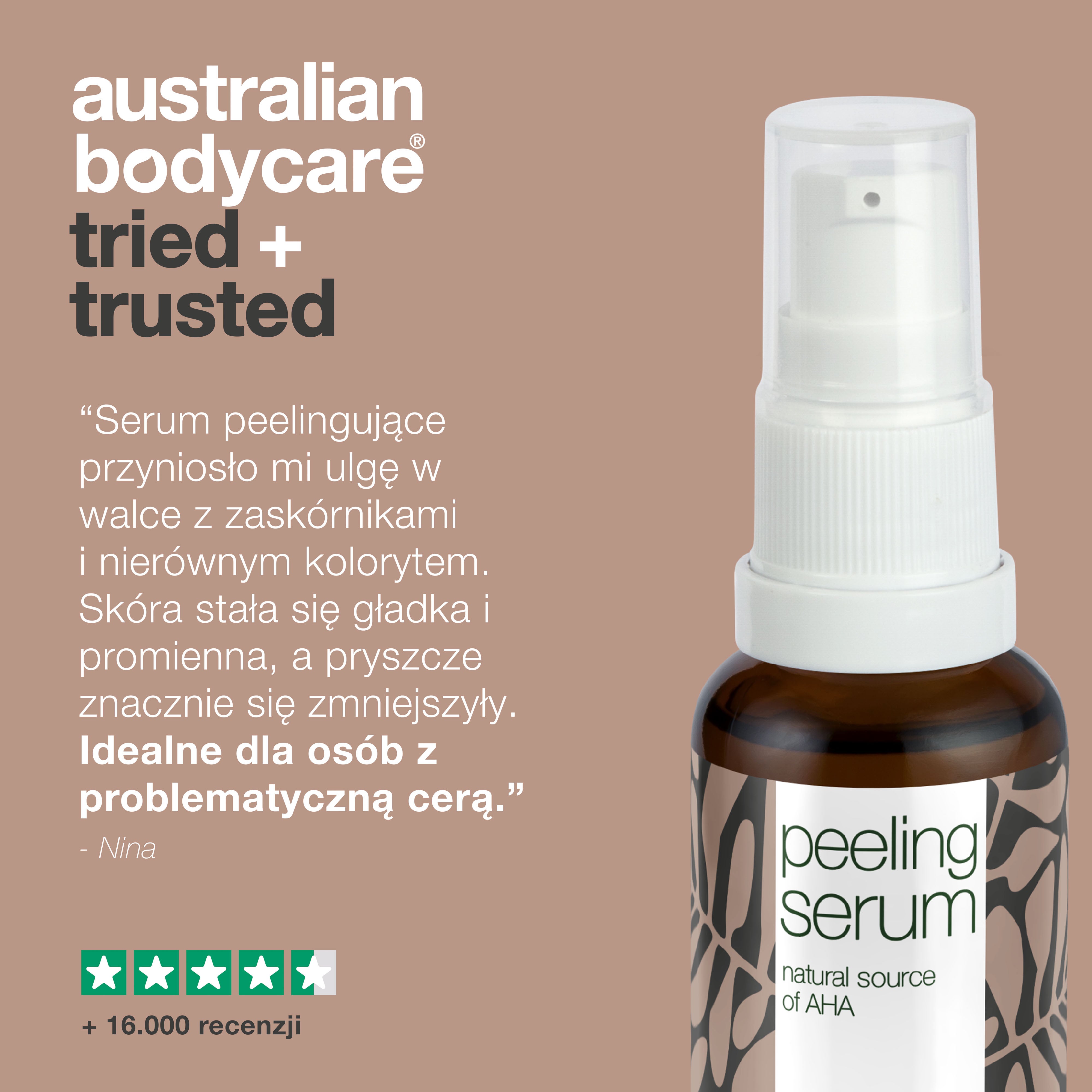 Serum peelingujące AHA do delikatnego złuszczania skóry — Naturalne serum peelingujące z kwasem owocowym AHA, olejkiem z drzewa herbacianego i niacynamidem