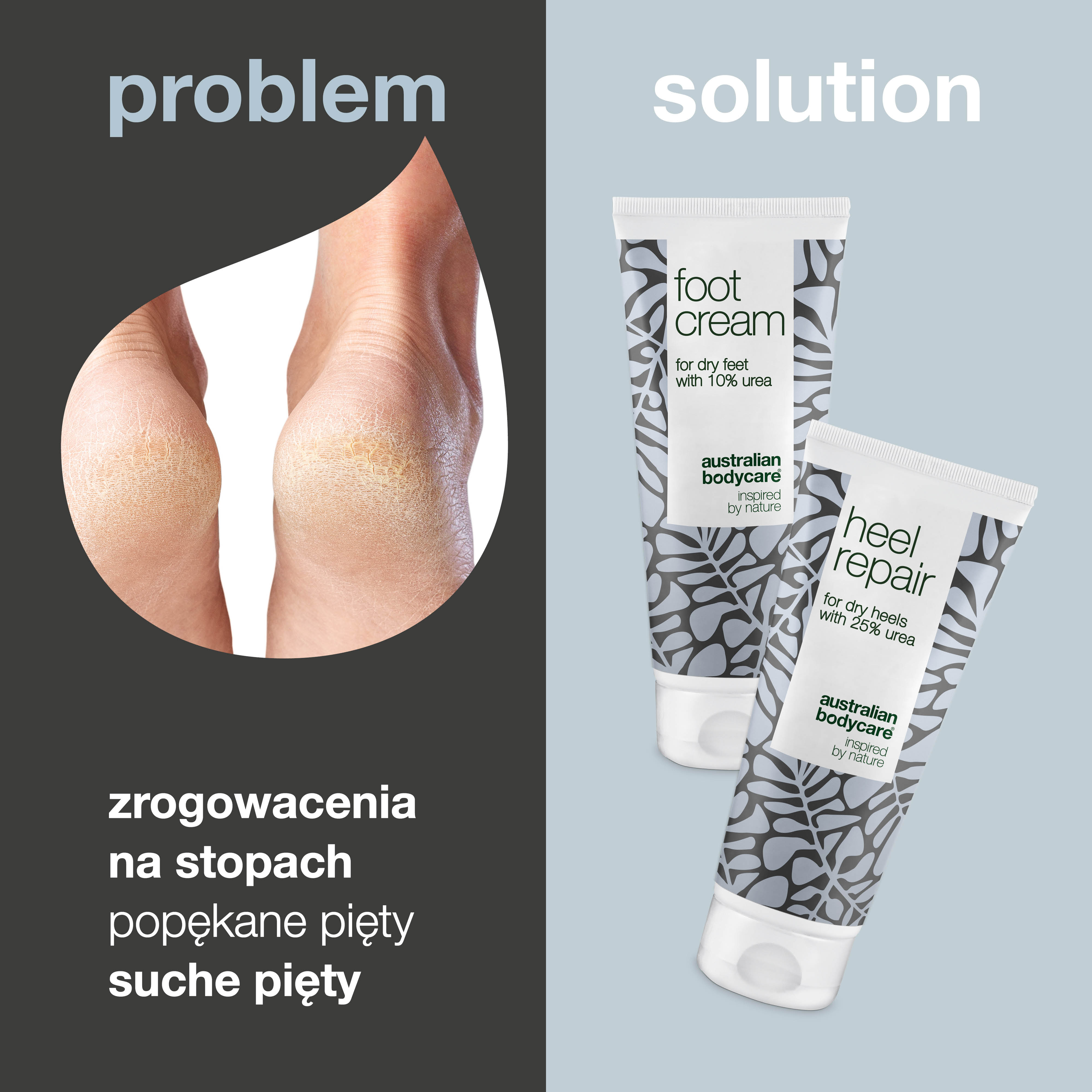 2 produkty do twardej skóry stóp i pięt: krem ​​do stóp i krem ​​do pięt z mocznikiem i olejkiem z drzewa herbacianego do twardej skóry stóp i pękających pięt