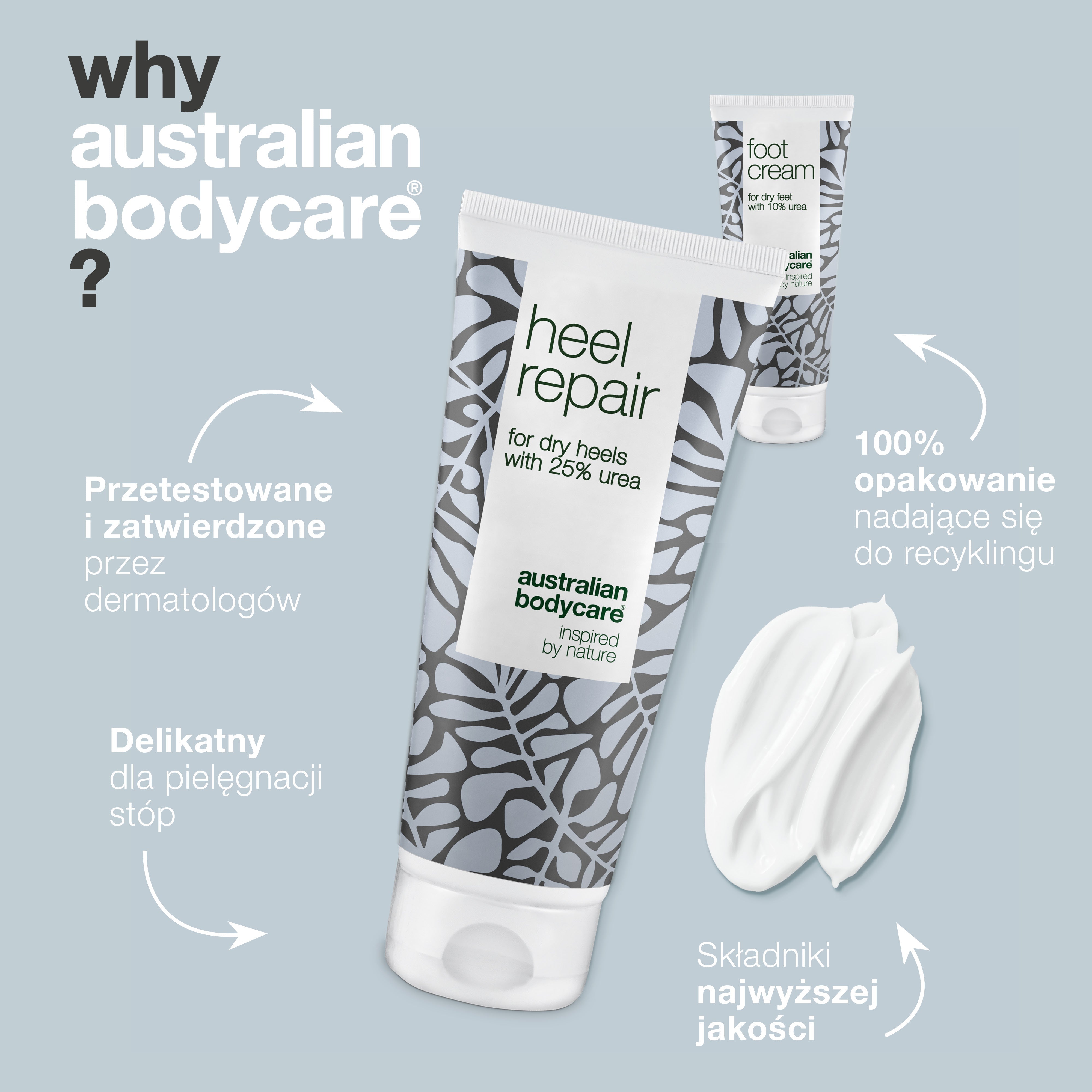 2 produkty do twardej skóry stóp i pięt: krem ​​do stóp i krem ​​do pięt z mocznikiem i olejkiem z drzewa herbacianego do twardej skóry stóp i pękających pięt