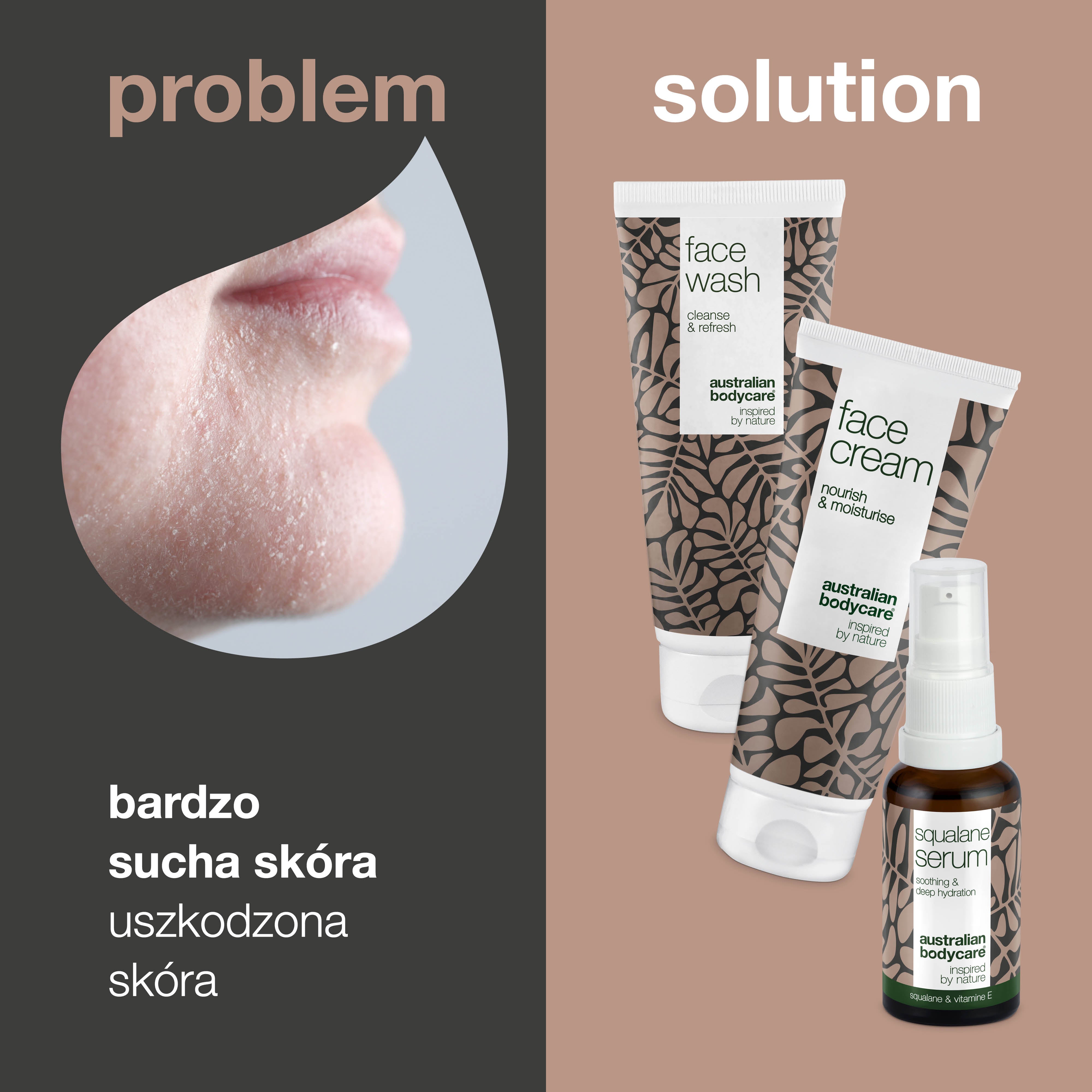 Zestaw do bardzo suchej i swędzącej skóry twarzy — 3 produkty nawilżające: płyn do mycia twarzy, serum i krem ​​ze skwalanem