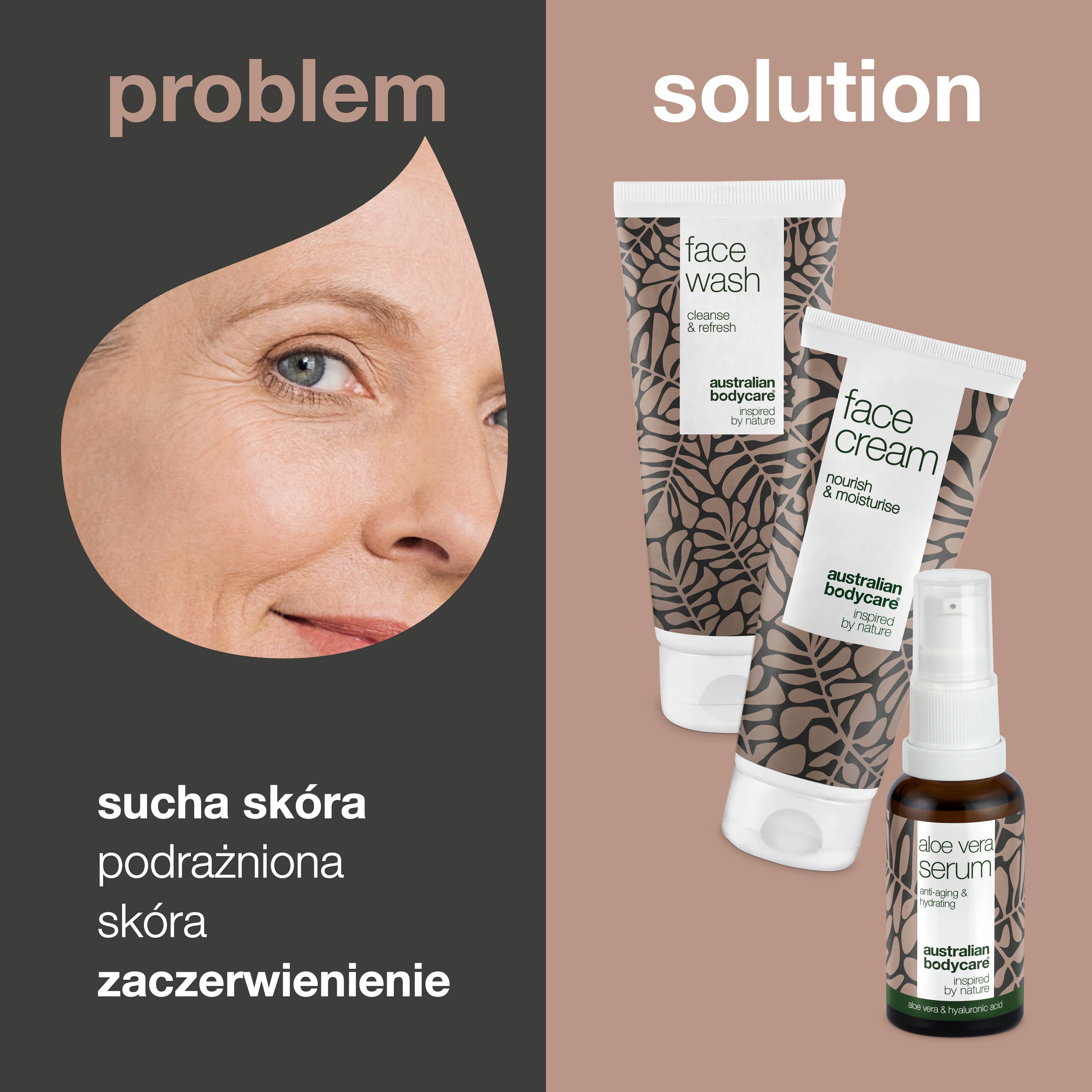 Zestaw do pielęgnacji skóry ze zmarszczkami i odwodnioną — 3 produkty przeciwstarzeniowe do skóry suchej: płyn do demakijażu, serum aloesowe i krem ​​do twarzy