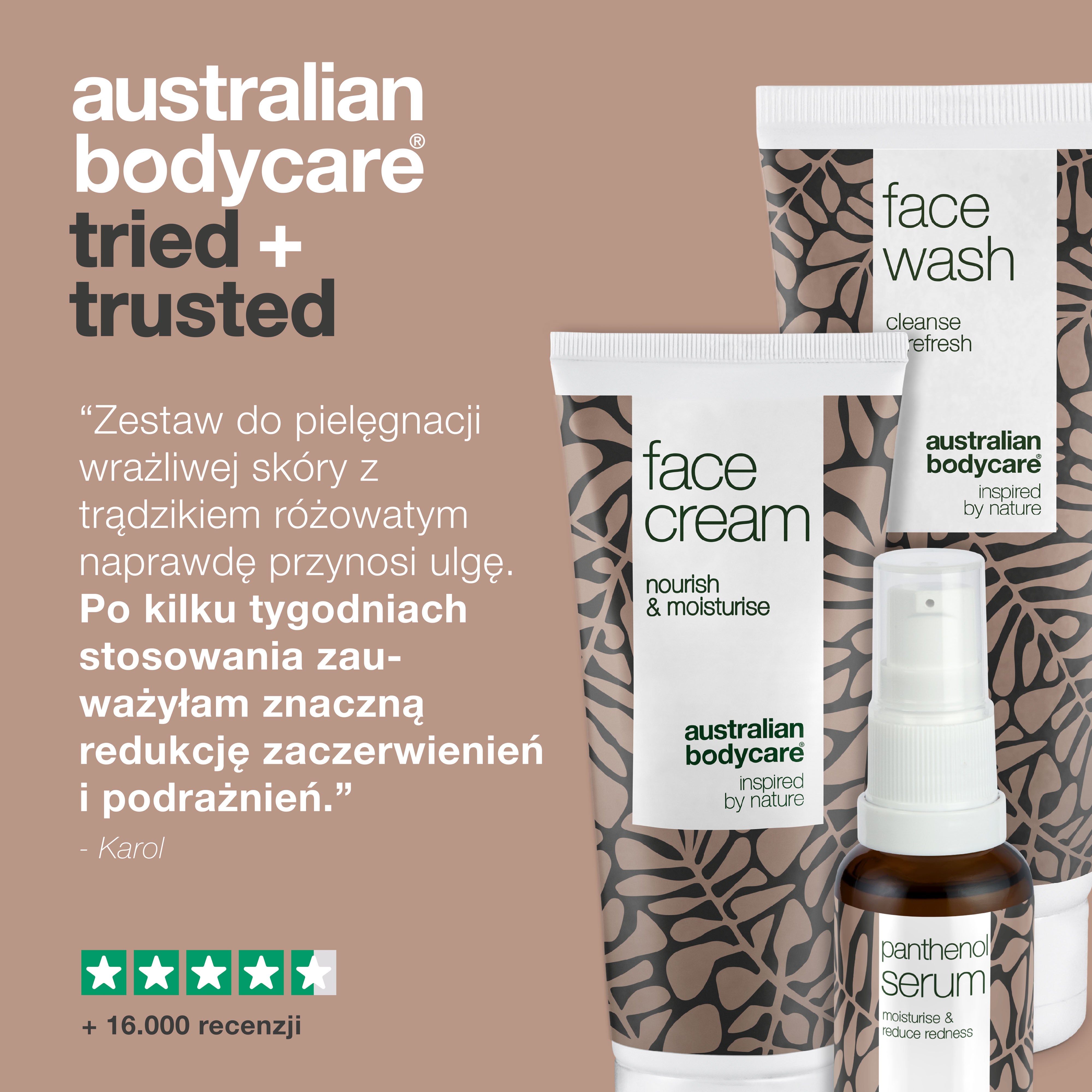 Zestaw do pielęgnacji skóry na trądzik różowaty, zaczerwienienia twarzy i skórę wrażliwą — 3 łagodzące produkty do pielęgnacji twarzy, w tym: Płyn do mycia twarzy, Serum z witaminą B5 i Krem do twarzy