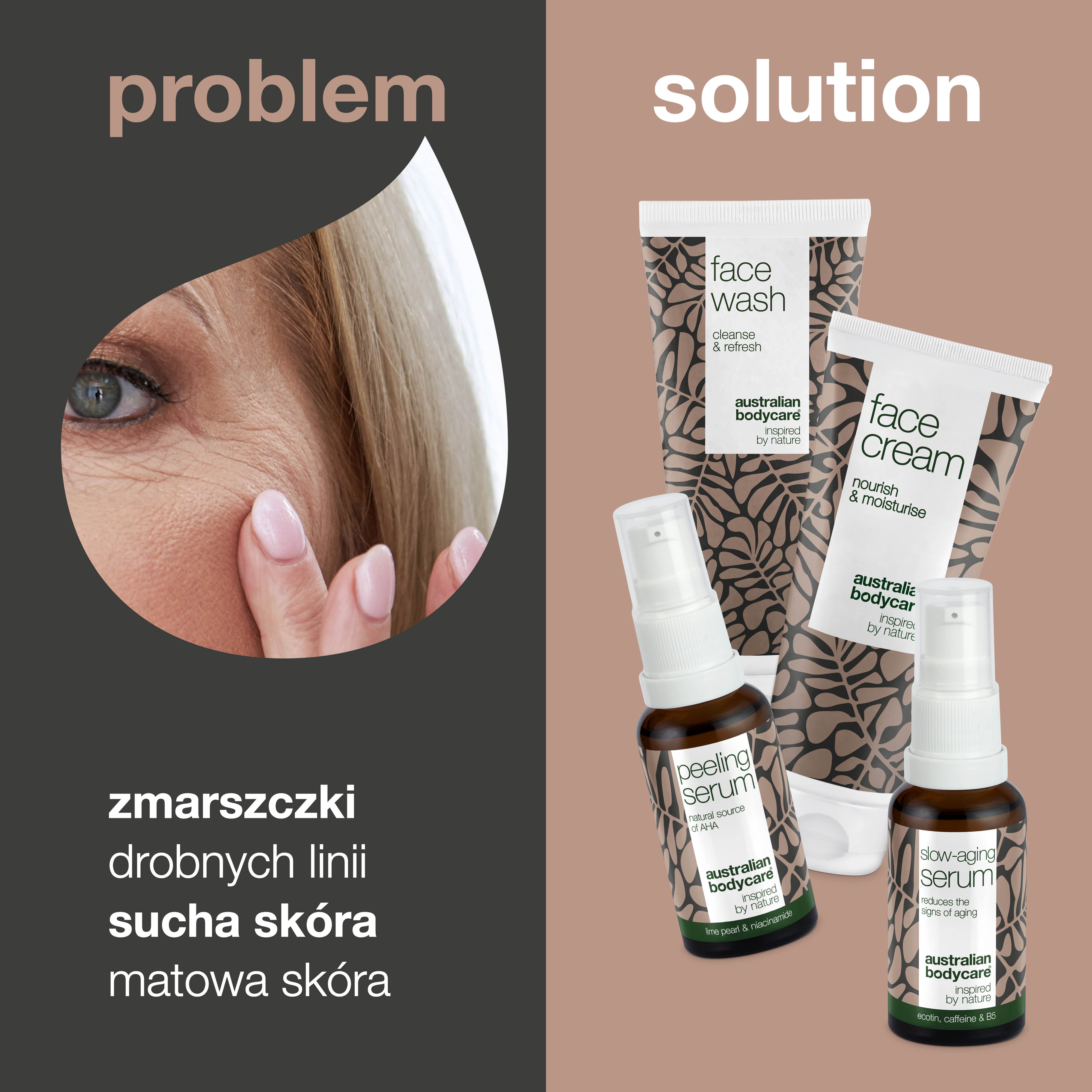 Zestaw 4 produktów przeciwstarzeniowych dla skóry dojrzałej (50+) — Serum przeciwstarzeniowe, Serum peelingujące, Płyn oczyszczający i krem ​​przeciwzmarszczkowy do twarzy