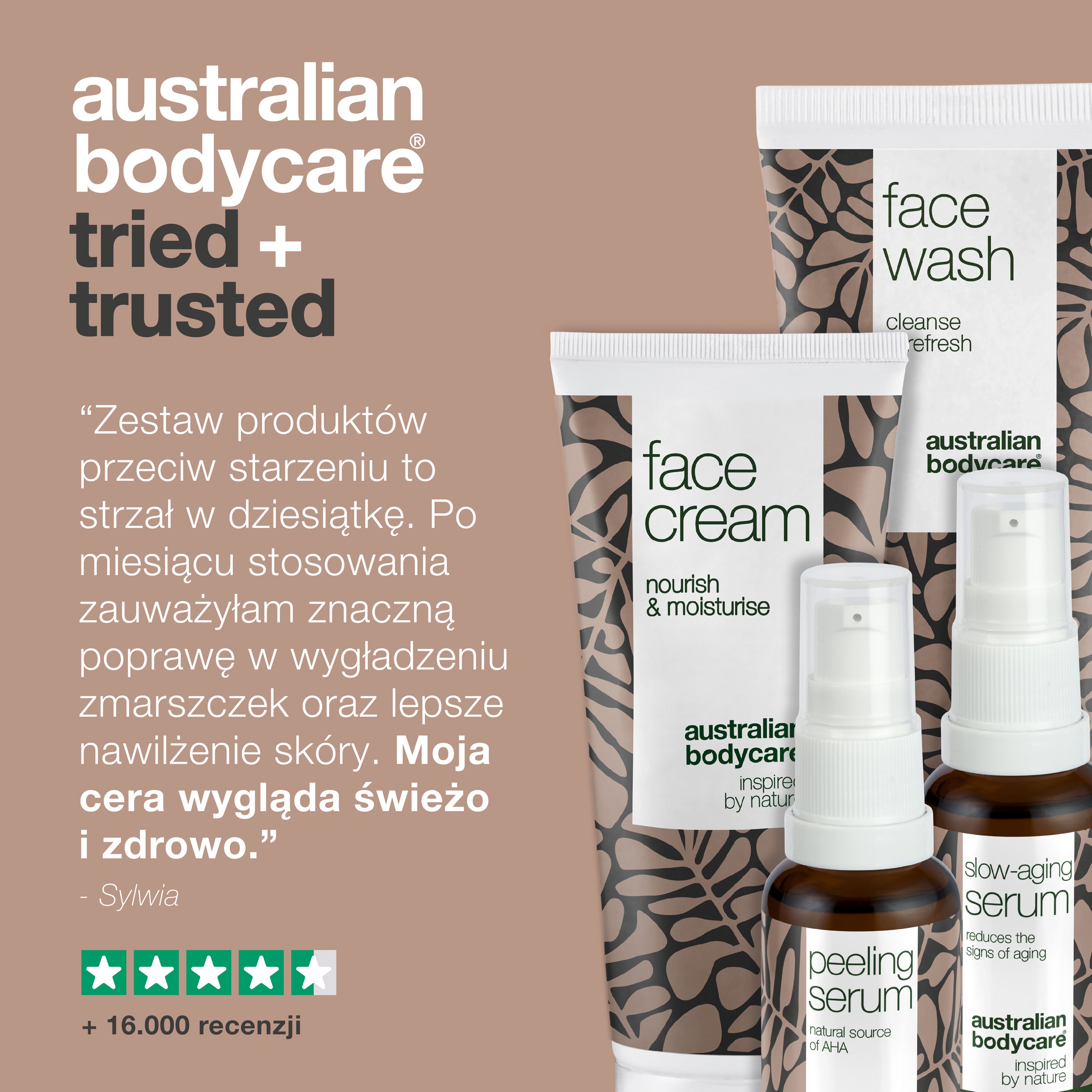 Zestaw 4 produktów przeciwstarzeniowych dla skóry dojrzałej (50+) — Serum przeciwstarzeniowe, Serum peelingujące, Płyn oczyszczający i krem ​​przeciwzmarszczkowy do twarzy