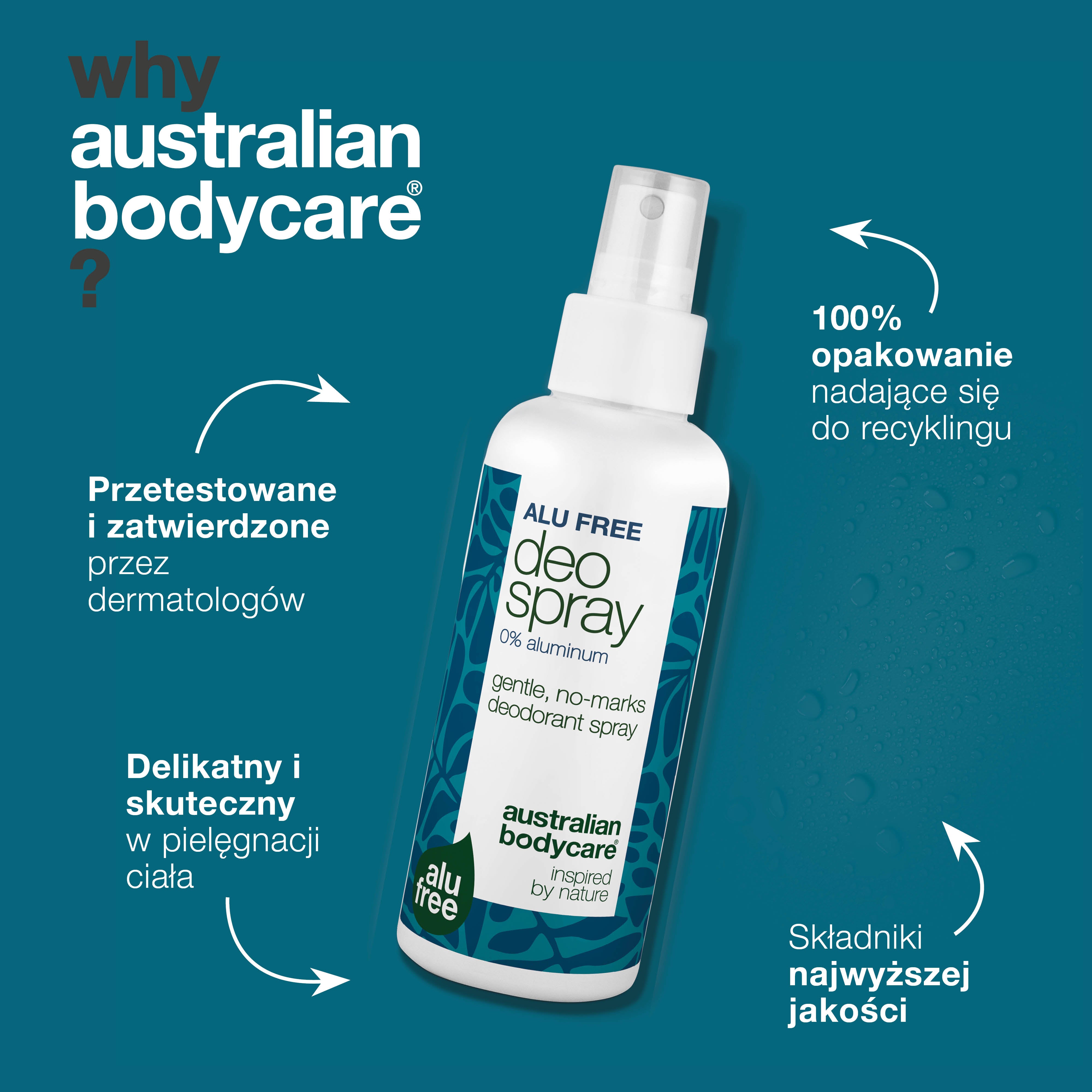 Dezodorant w sprayu bez aluminium – Naturalna świeżość – Skuteczny dezodorant bez aluminium z naturalnymi składnikami. Zwalcza nieprzyjemne zapachy, szybko schnie i zapewnia świeżość przez cały dzień. Delikatny dla skóry.