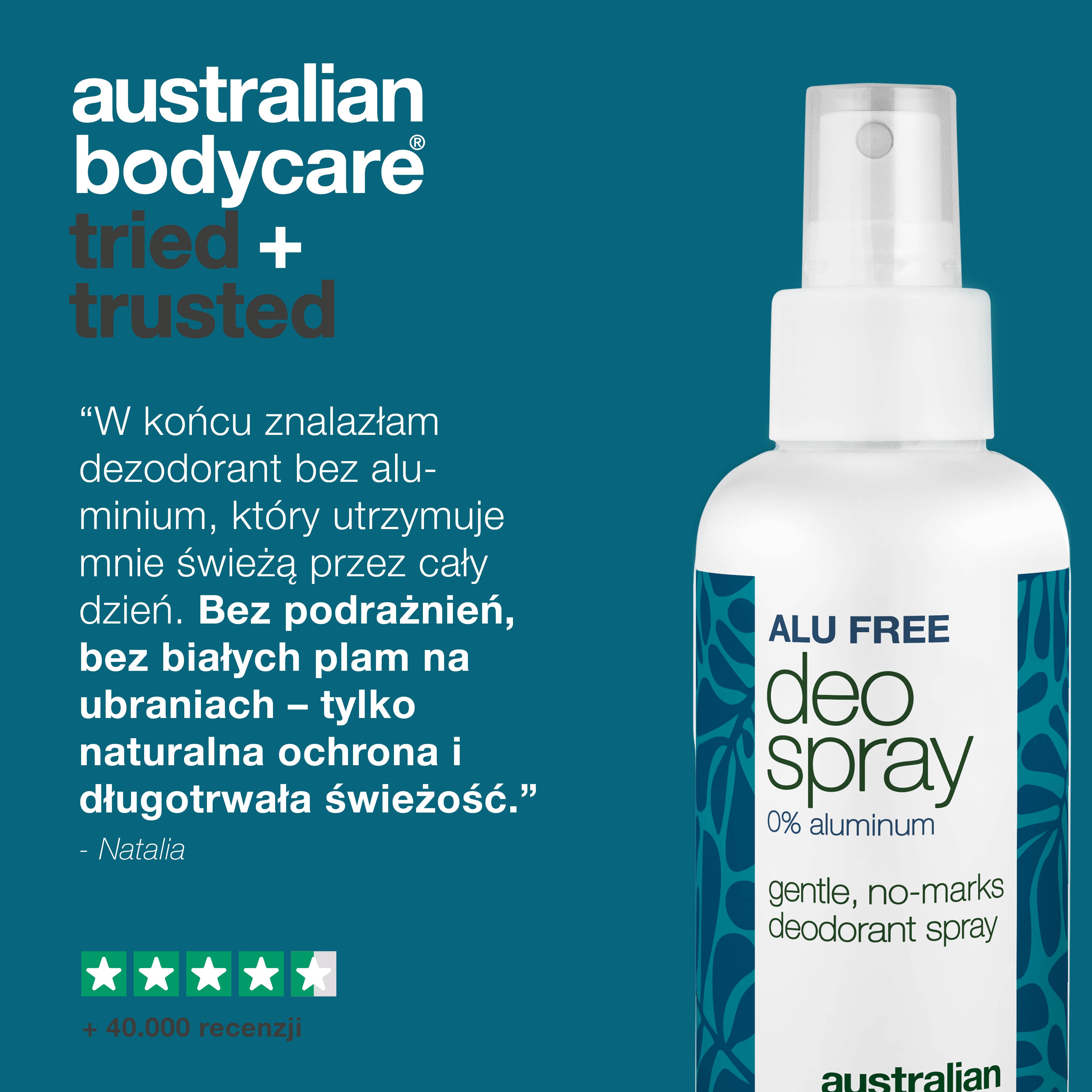 Dezodorant w sprayu bez aluminium – Naturalna świeżość – Skuteczny dezodorant bez aluminium z naturalnymi składnikami. Zwalcza nieprzyjemne zapachy, szybko schnie i zapewnia świeżość przez cały dzień. Delikatny dla skóry.