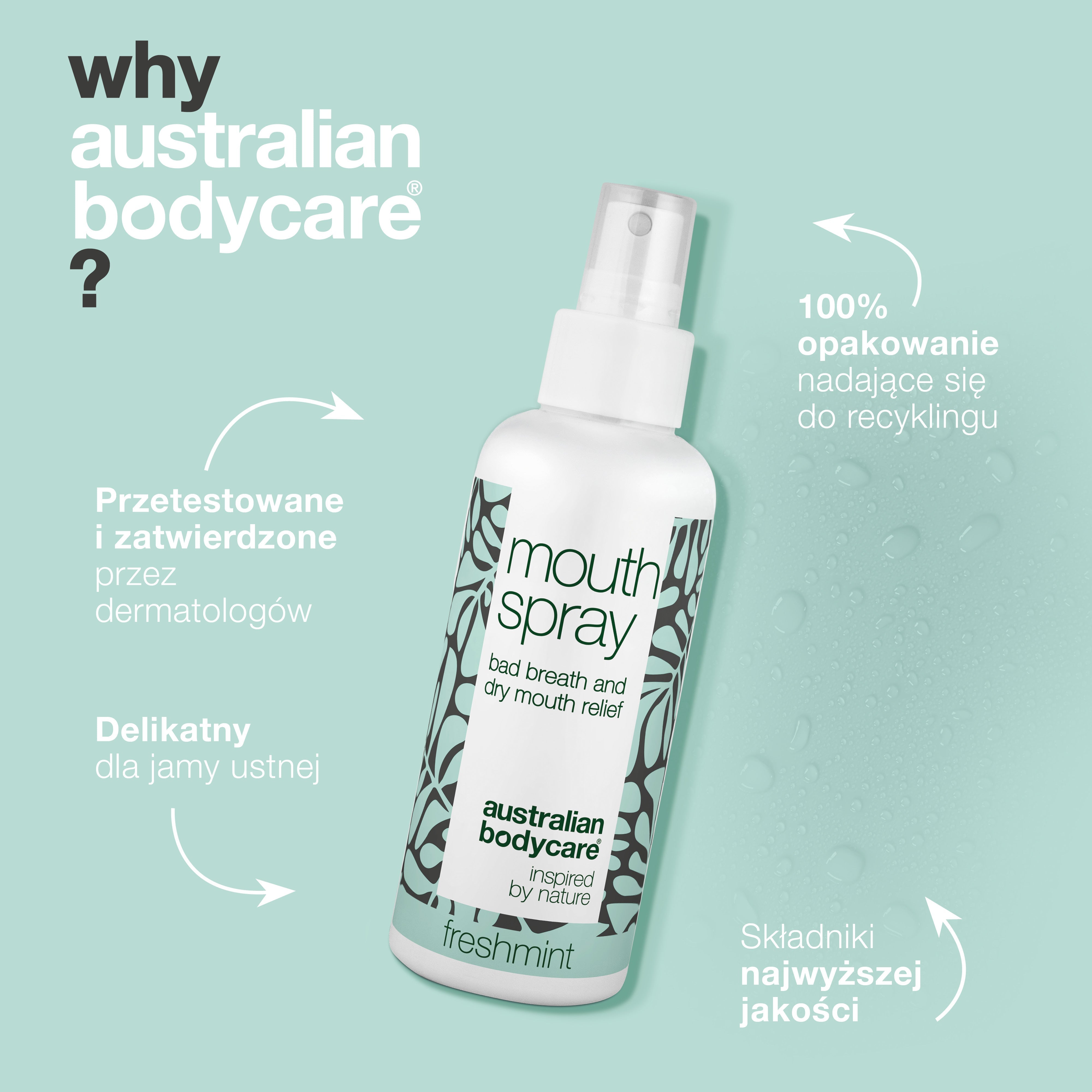 Odświeżający spray do ust na nieświeży oddech i suchość w ustach — Kojący i odświeżający spray do ust na język i dziąsła z naturalnymi składnikami. Utrzymuje świeżość i nawilżenie jamy ustnej, skutecznie zwalczając nieświeży oddech i suchość w ustach.