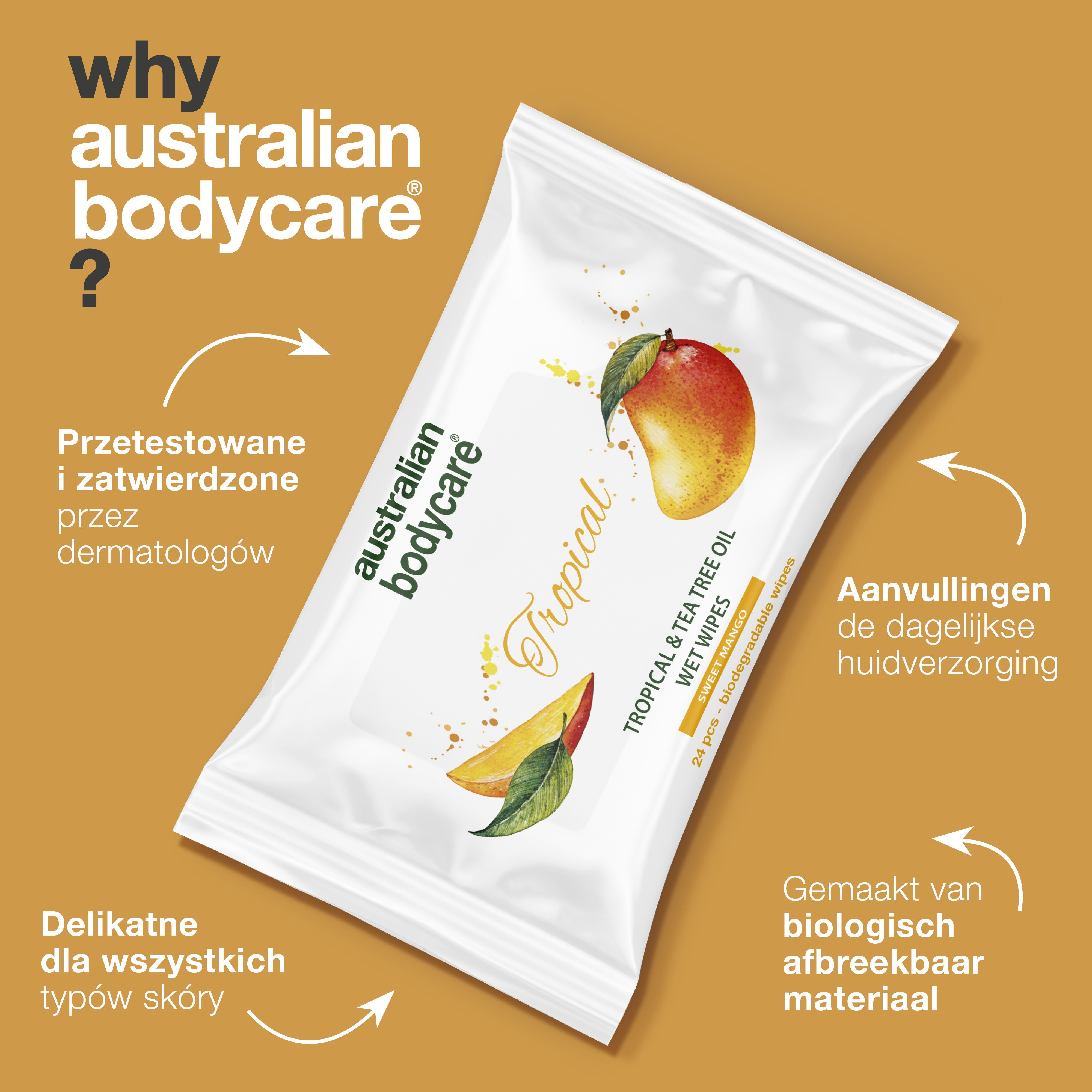 Chusteczki nawilżane dla dorosłych z olejkiem z mango i drzewa herbacianego — Do codziennego przemywania twarzy i ciała