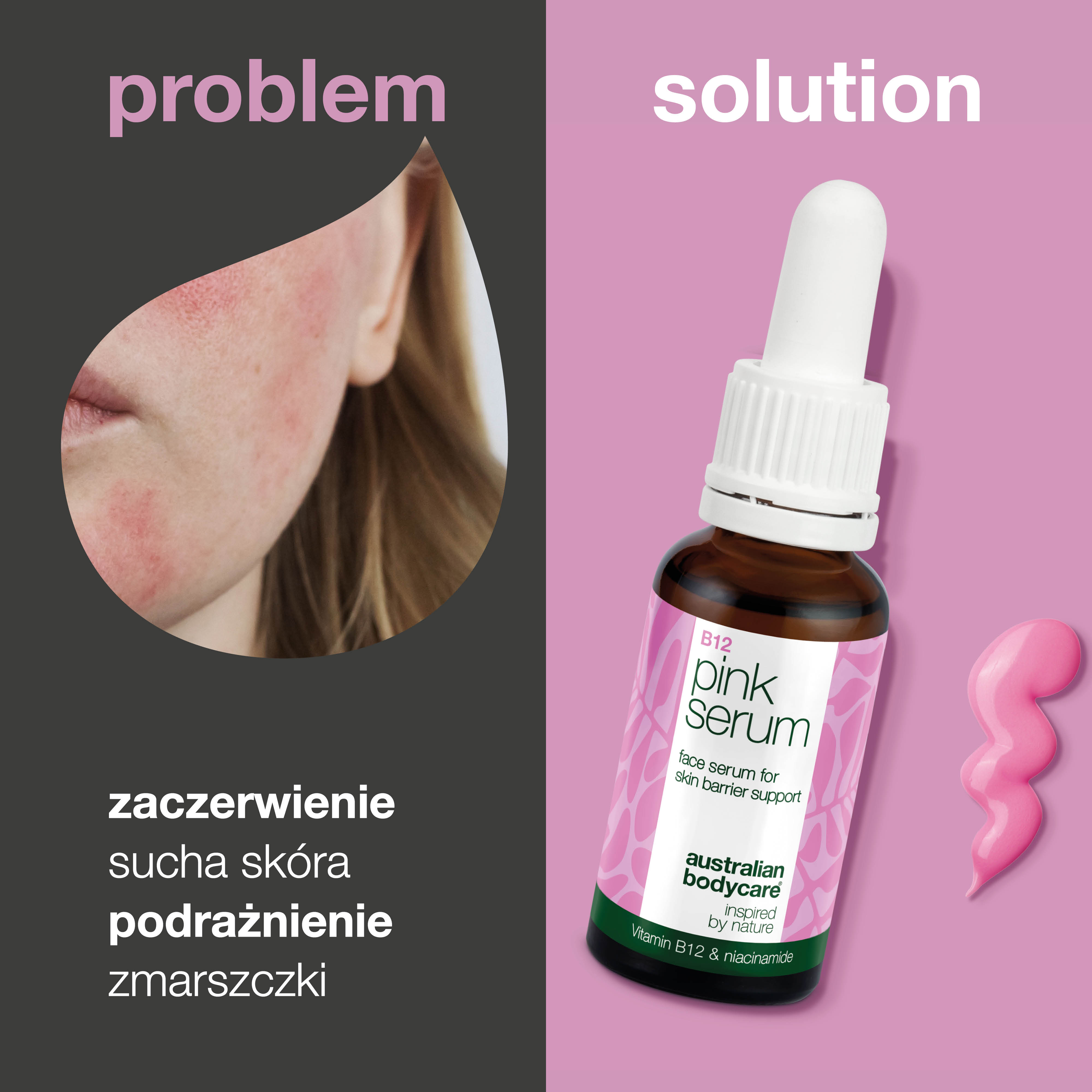 Różowe serum z witaminą B12 – Redukuje zaczerwienienia i dodaje blasku – Różowe serum z witaminą B12 wzmacnia barierę ochronną skóry, redukuje zaczerwienienia i oznaki starzenia. Pozostawia skórę miękką i świetlistą.