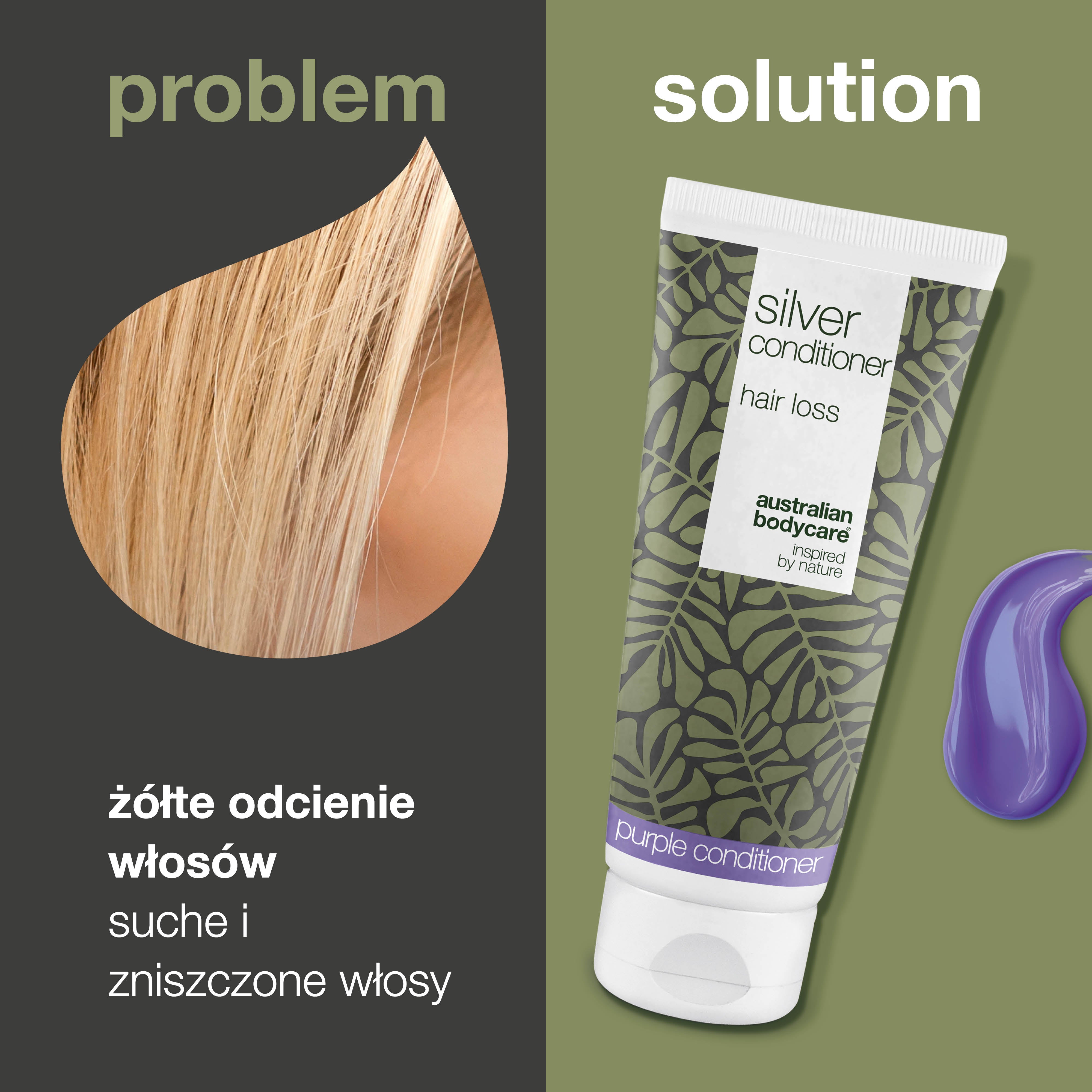 Odżywka do włosów siwych/blond – przeciwdziałająca wypadaniu włosów – Odżywka Silver ogranicza wypadanie włosów, neutralizuje żółte odcienie i pozostawia włosy szare/blond miękkie i błyszczące.