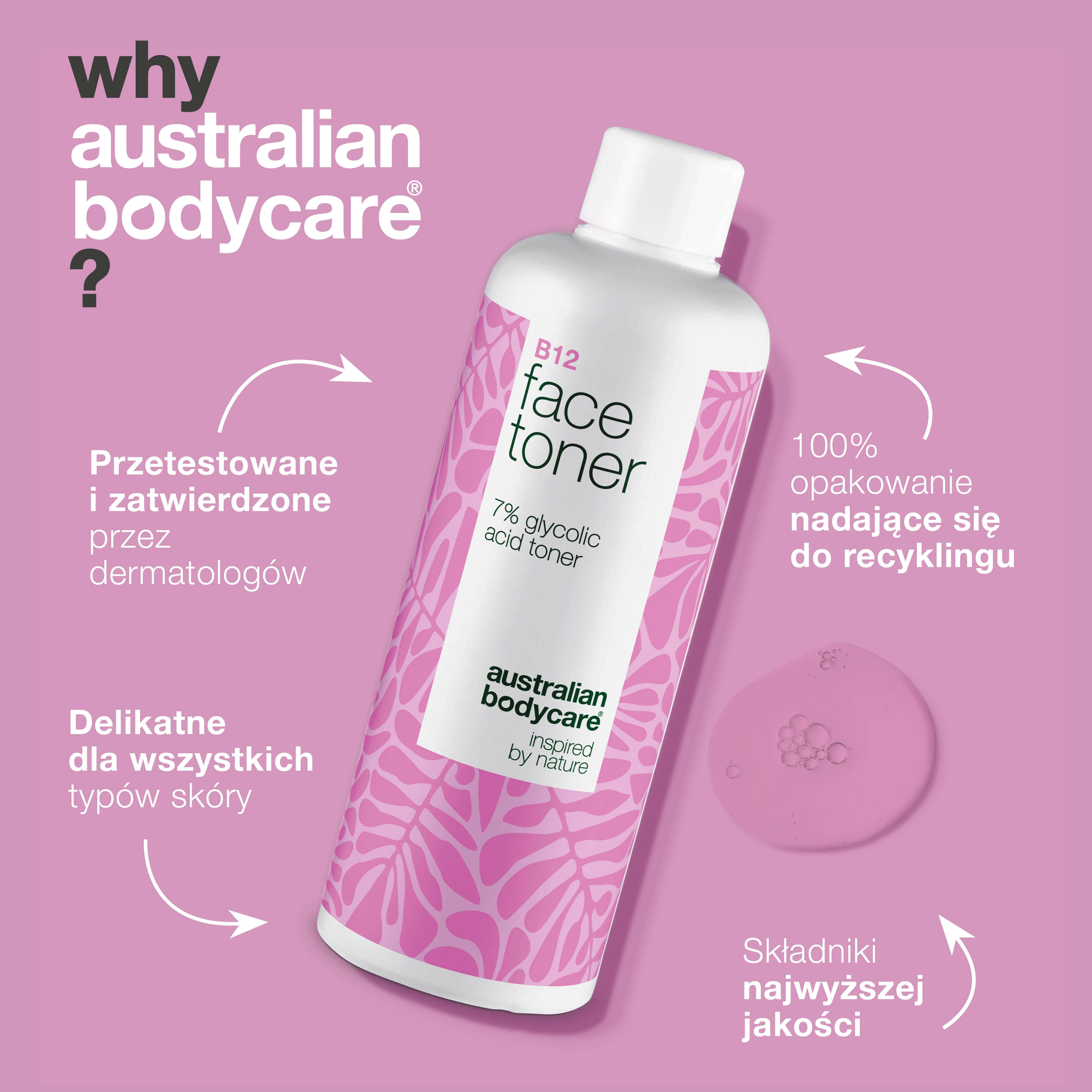 Tonik do twarzy z B12 i 7% Glycolic Acid dla gładkiej skóry — Tonik złuszczający z B12 i 7% Glycolic Acid. Rozświetla cerę, nadając jej gładkość i świeżość.