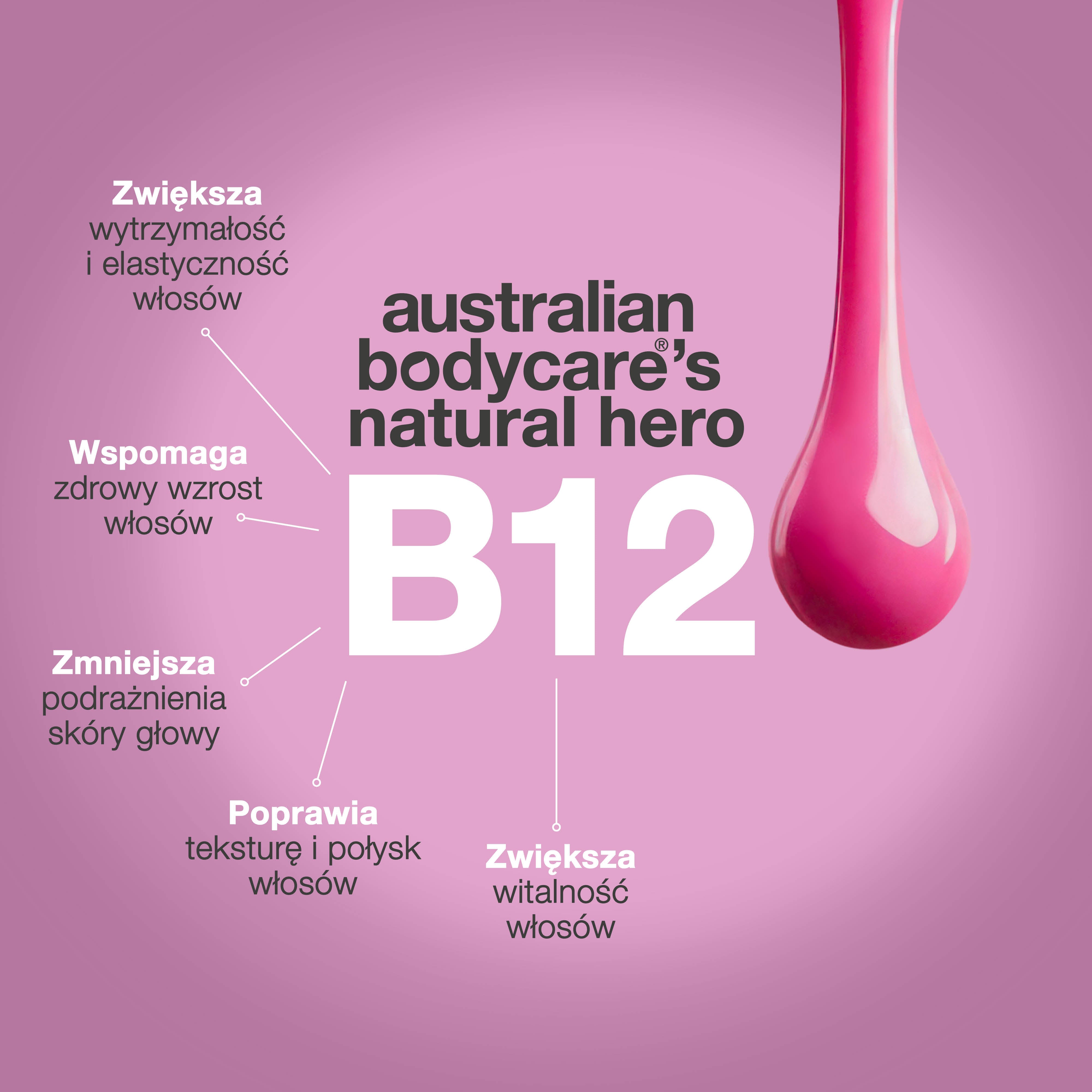 Witamina B12 od Australian Bodycare poprawia siłę i elastyczność włosów, wspiera zdrowy porost i nadaje blask