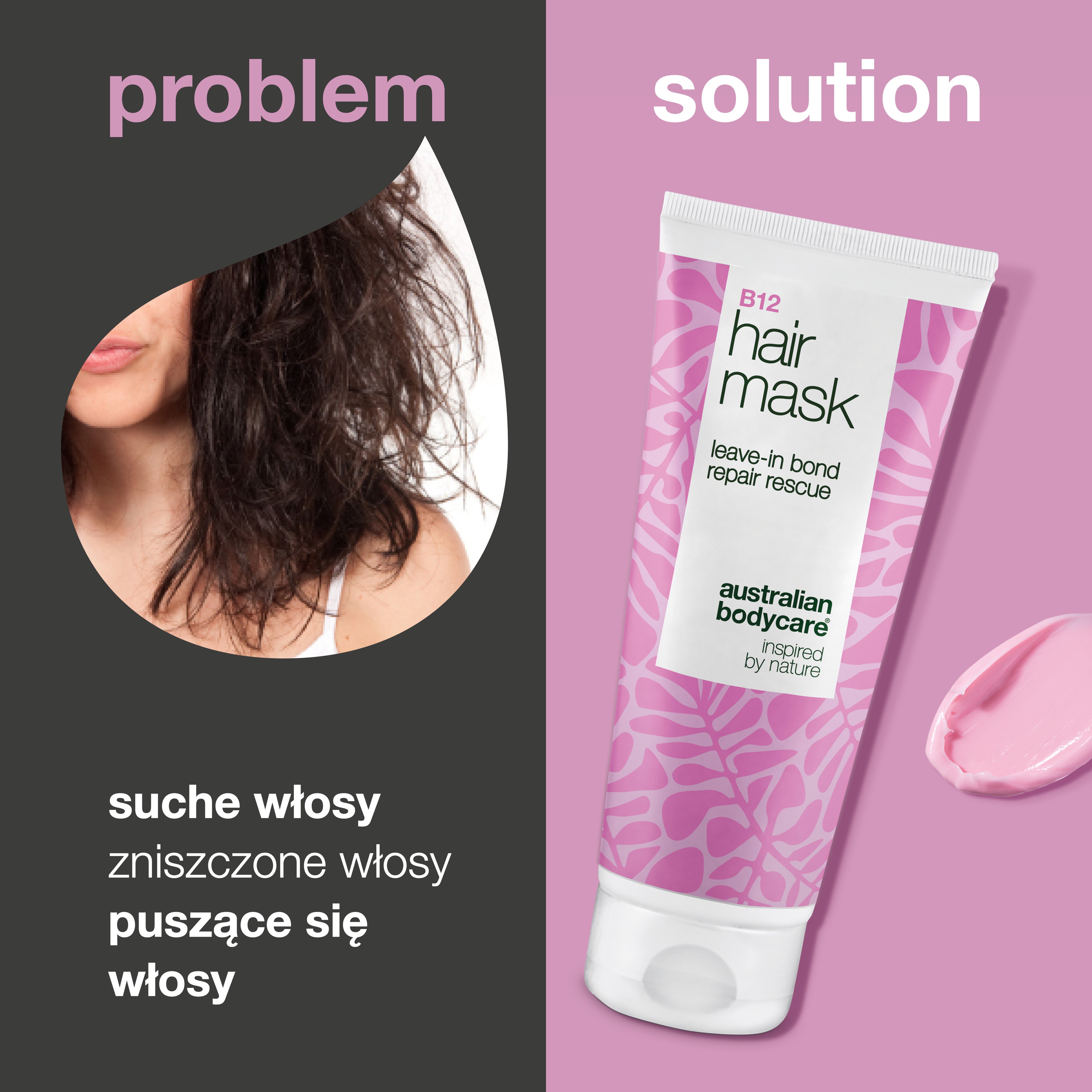 Problem i rozwiązanie: włosy suche, zniszczone, puszące się i matowe a Maska do włosów B12 od Australian Bodycare
