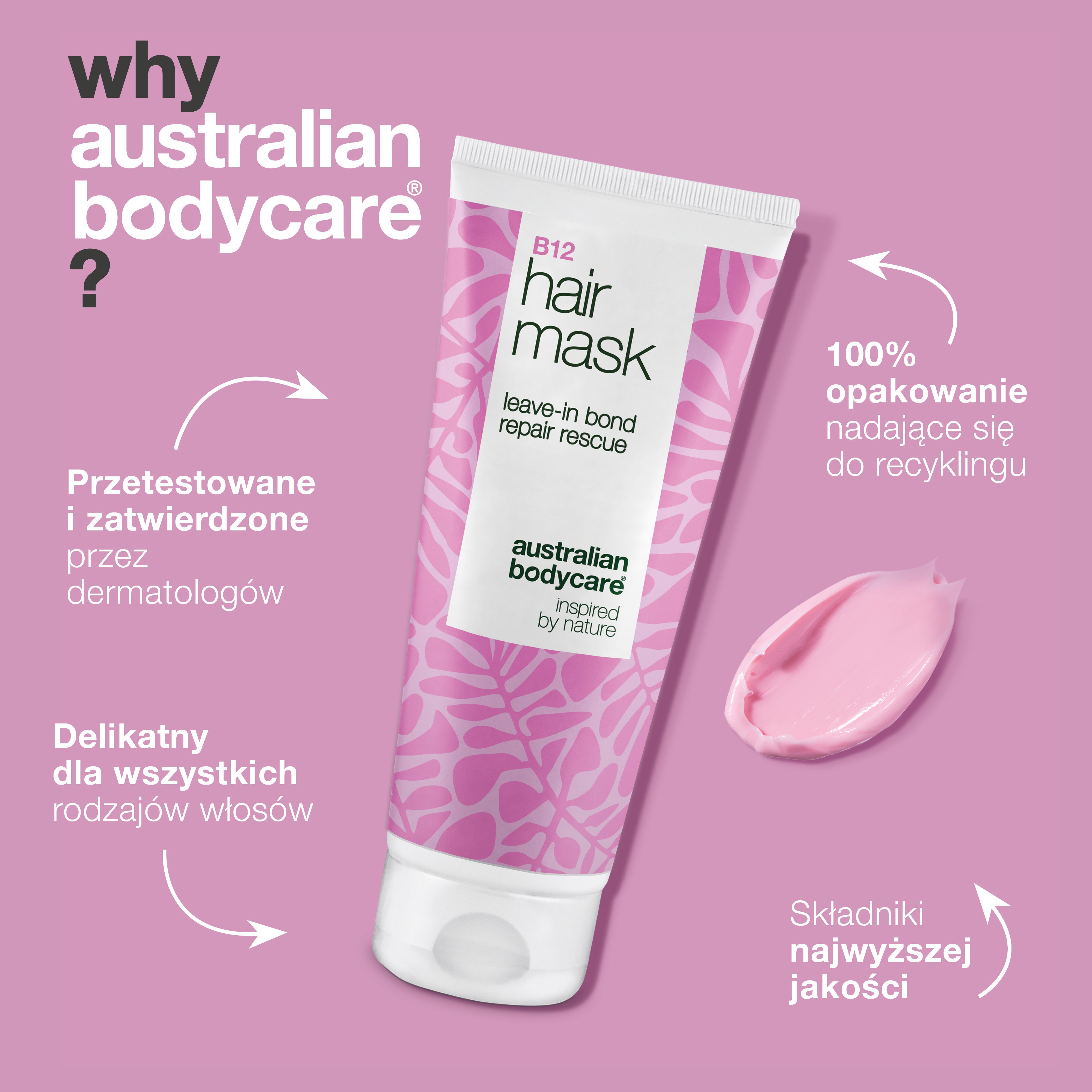 Maska do włosów B12 jest testowana dermatologicznie, łagodna dla wszystkich rodzajów włosów, opakowanie w 100 % nadaje się do recyklingu