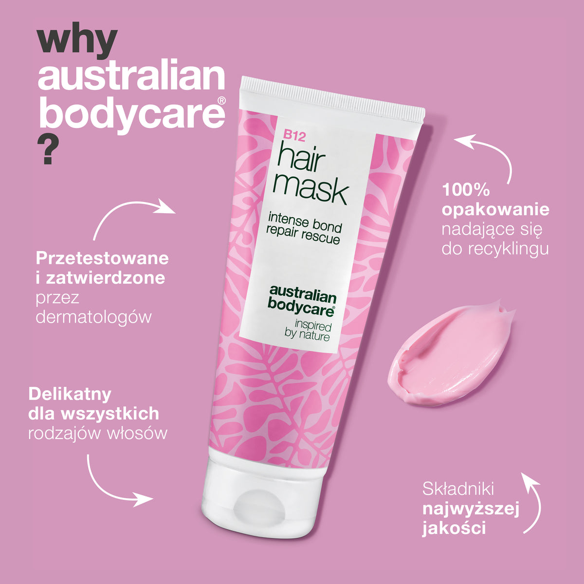 Maska do włosów B12 jest testowana dermatologicznie, łagodna dla wszystkich rodzajów włosów, opakowanie w 100 % nadaje się do recyklingu