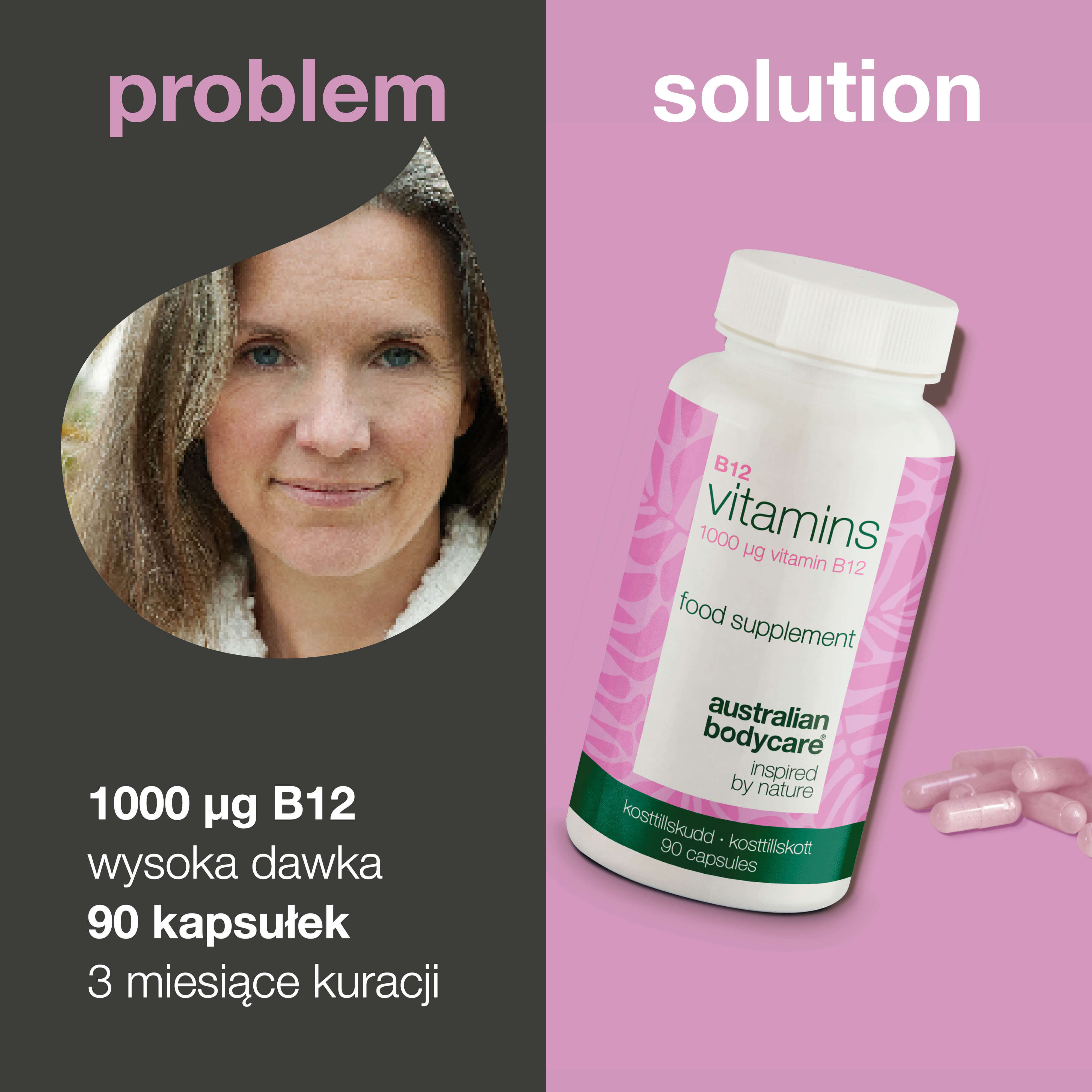 Witamina B12 – Suplement 1000 µg, 90 kapsułek wegańskich — Wysokodawkowy suplement witaminy B12 – 90 kapsułek wegańskich na 90 dni. Codzienne wsparcie energii i stylu życia roślinnego.