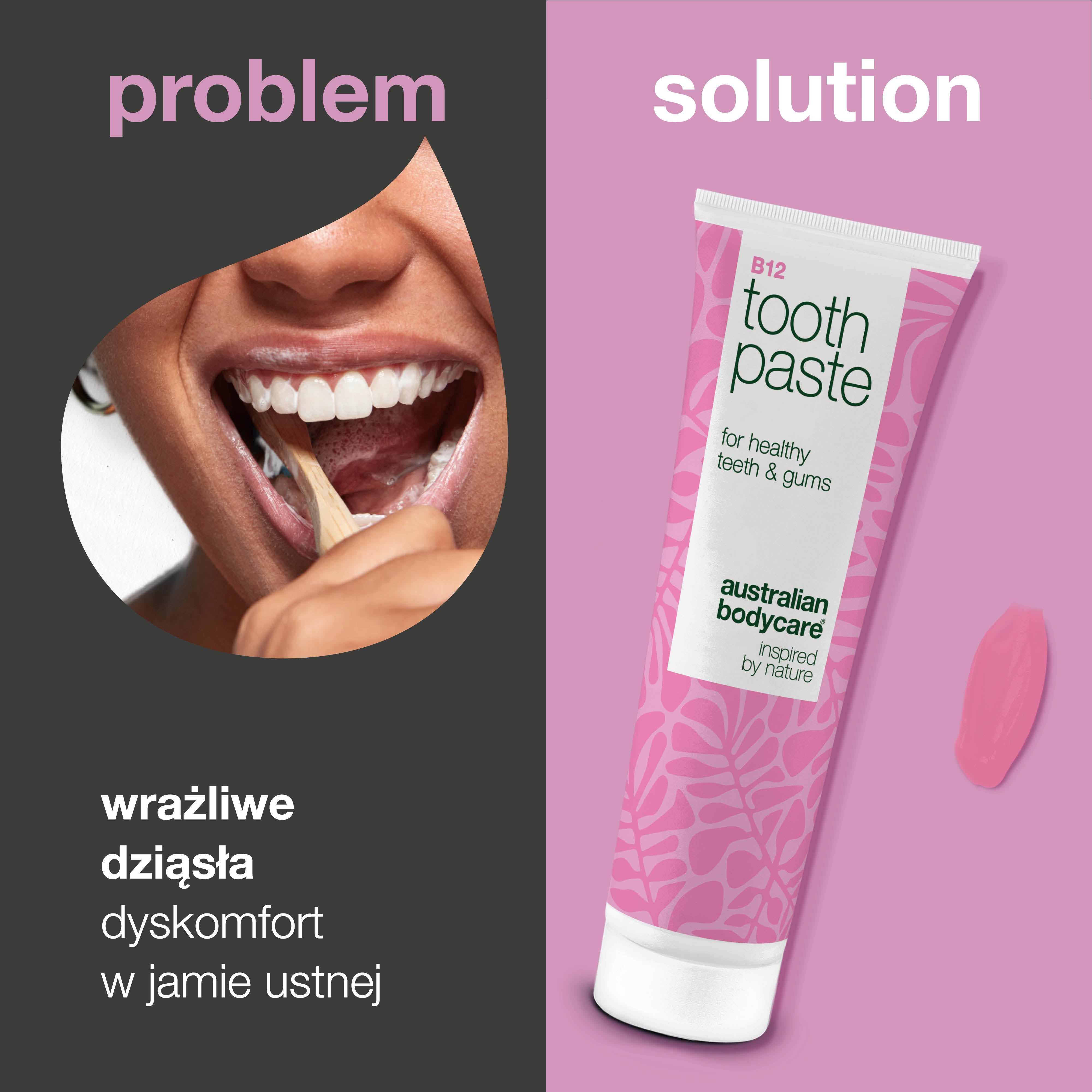 Pasta do zębów z witaminą B12 łagodzi suchość i wzmacnia zęby. Pomaga na nieświeży oddech. Zawiera B12, fluor, cynk, cytrynę i miętę.