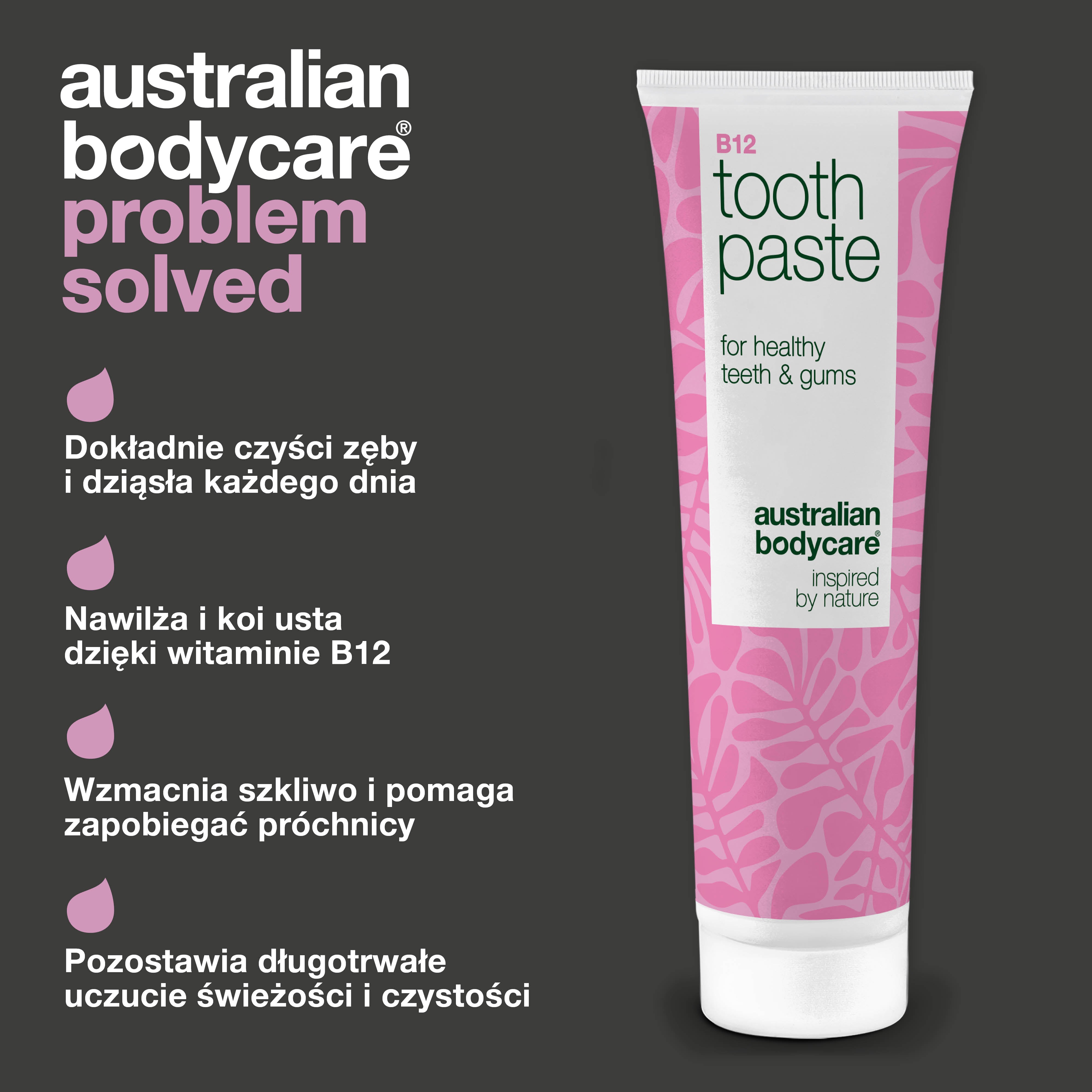Pasta do zębów z witaminą B12 łagodzi suchość i wzmacnia zęby. Pomaga na nieświeży oddech. Zawiera B12, fluor, cynk, cytrynę i miętę.