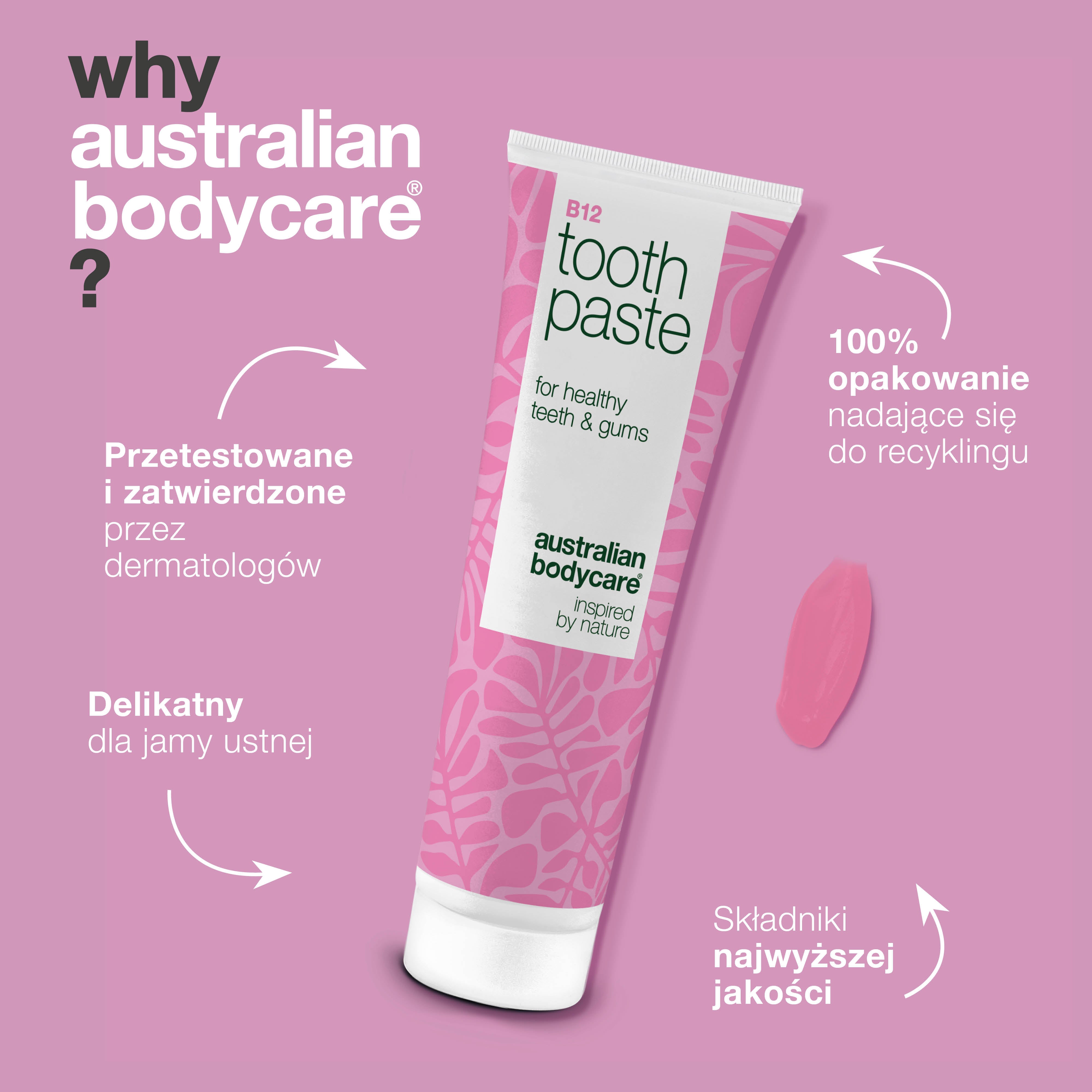 Pasta do zębów z witaminą B12 łagodzi suchość i wzmacnia zęby. Pomaga na nieświeży oddech. Zawiera B12, fluor, cynk, cytrynę i miętę.