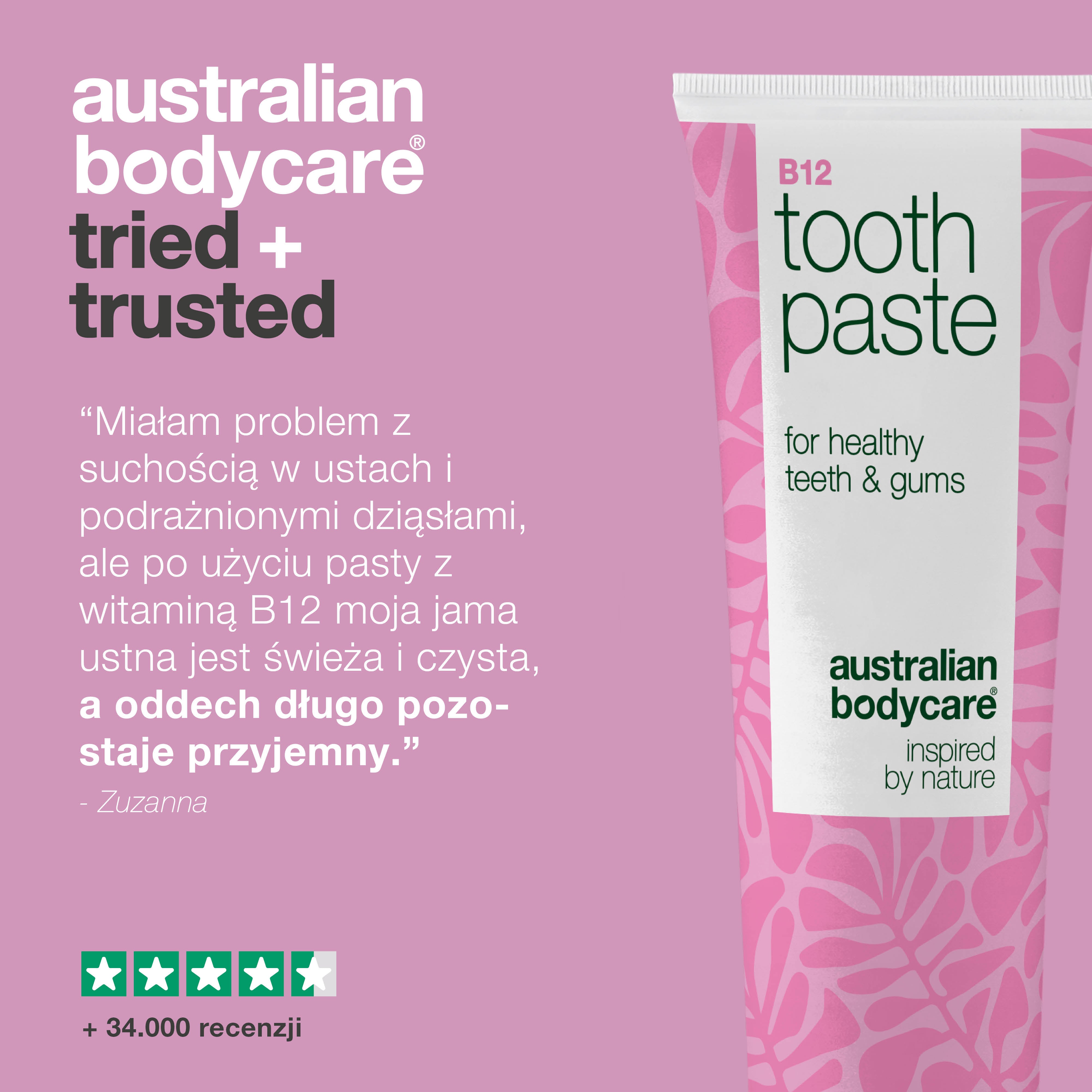 Pasta do zębów z witaminą B12 łagodzi suchość i wzmacnia zęby. Pomaga na nieświeży oddech. Zawiera B12, fluor, cynk, cytrynę i miętę.