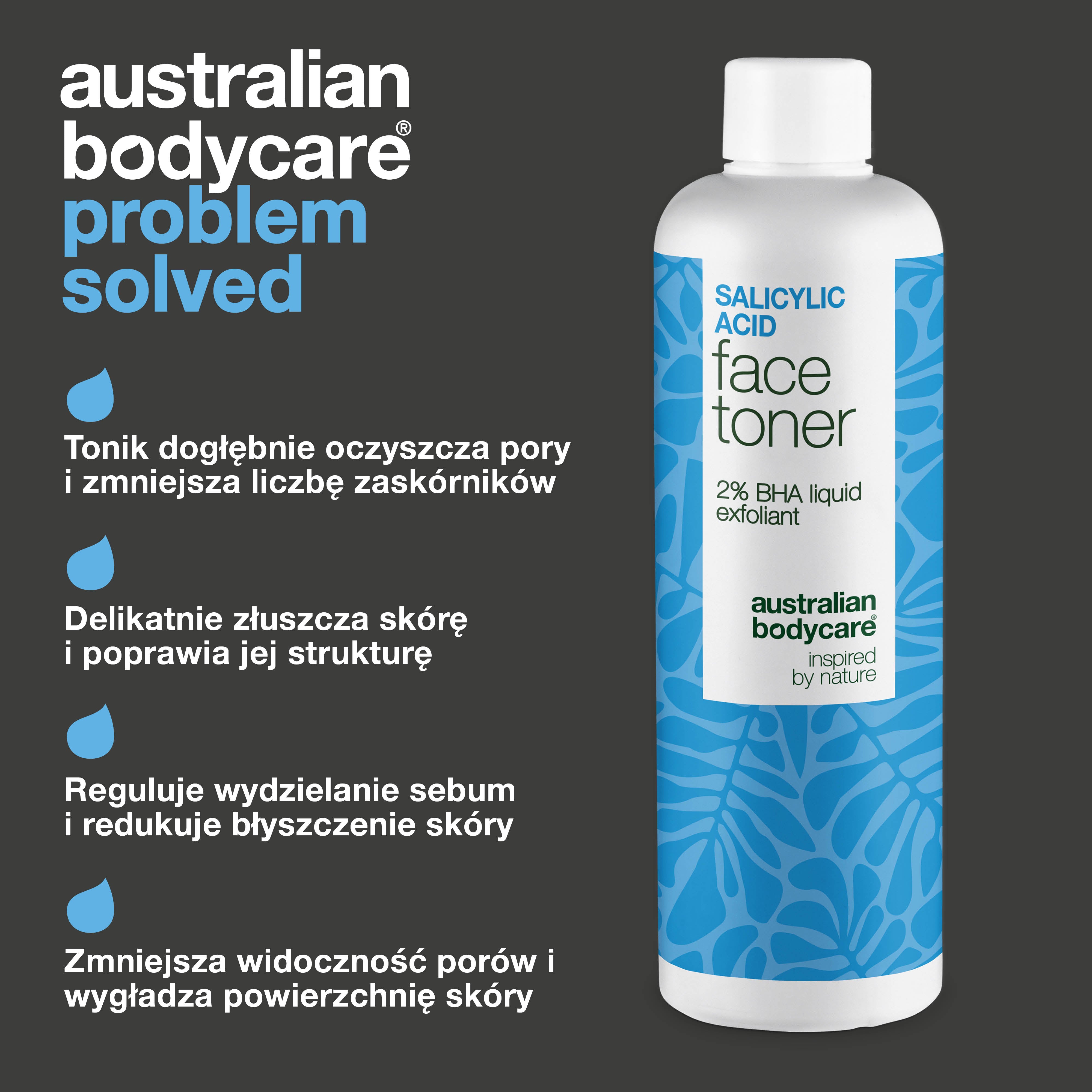 Salicylic Acid toner redukuje niedoskonałości, zaskórniki i przetłuszczanie skóry. Działa skutecznie i delikatnie. Salicylic Acid od Australian Bodycare.