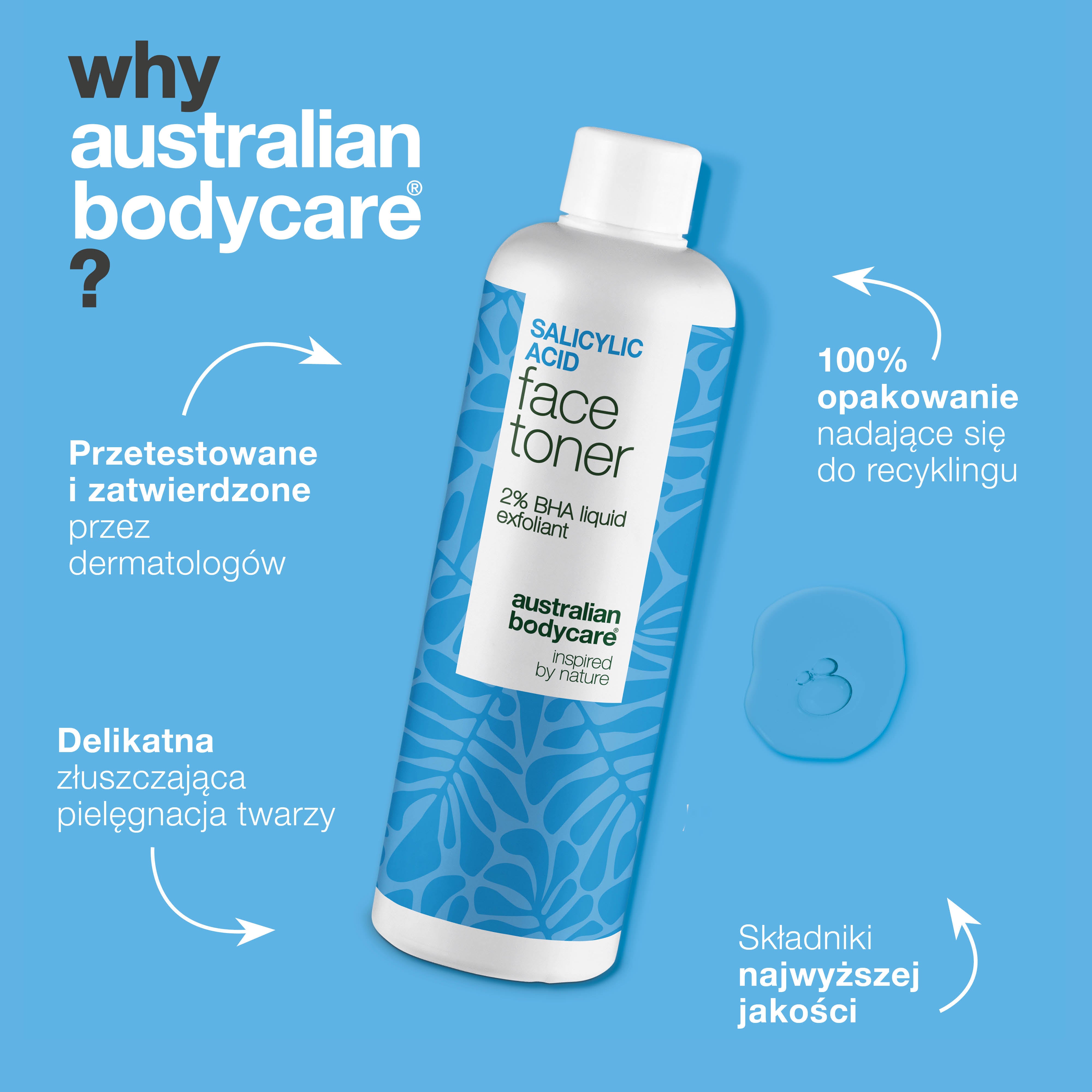 Salicylic Acid toner redukuje niedoskonałości, zaskórniki i przetłuszczanie skóry. Działa skutecznie i delikatnie. Salicylic Acid od Australian Bodycare.
