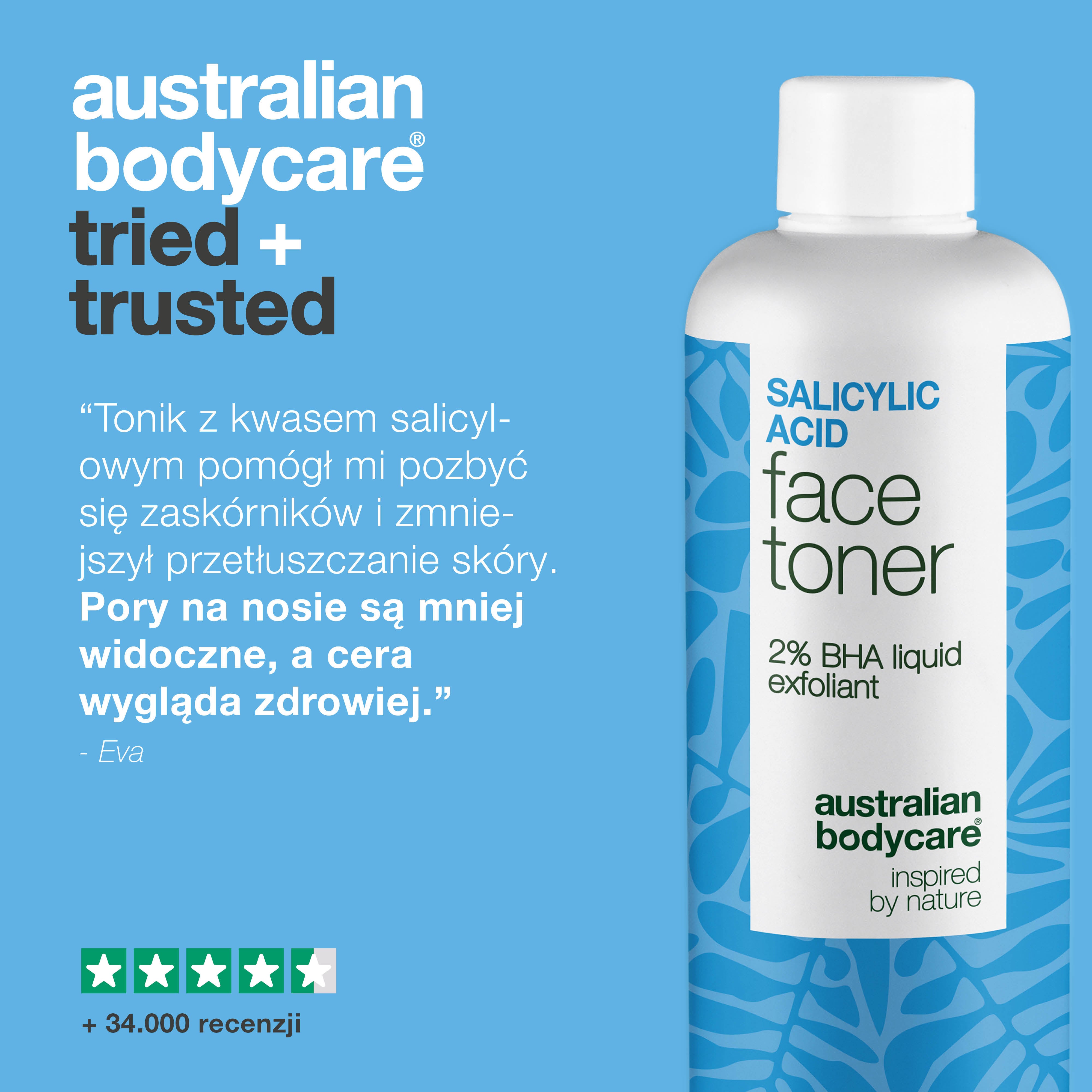Salicylic Acid toner redukuje niedoskonałości, zaskórniki i przetłuszczanie skóry. Działa skutecznie i delikatnie. Salicylic Acid od Australian Bodycare.