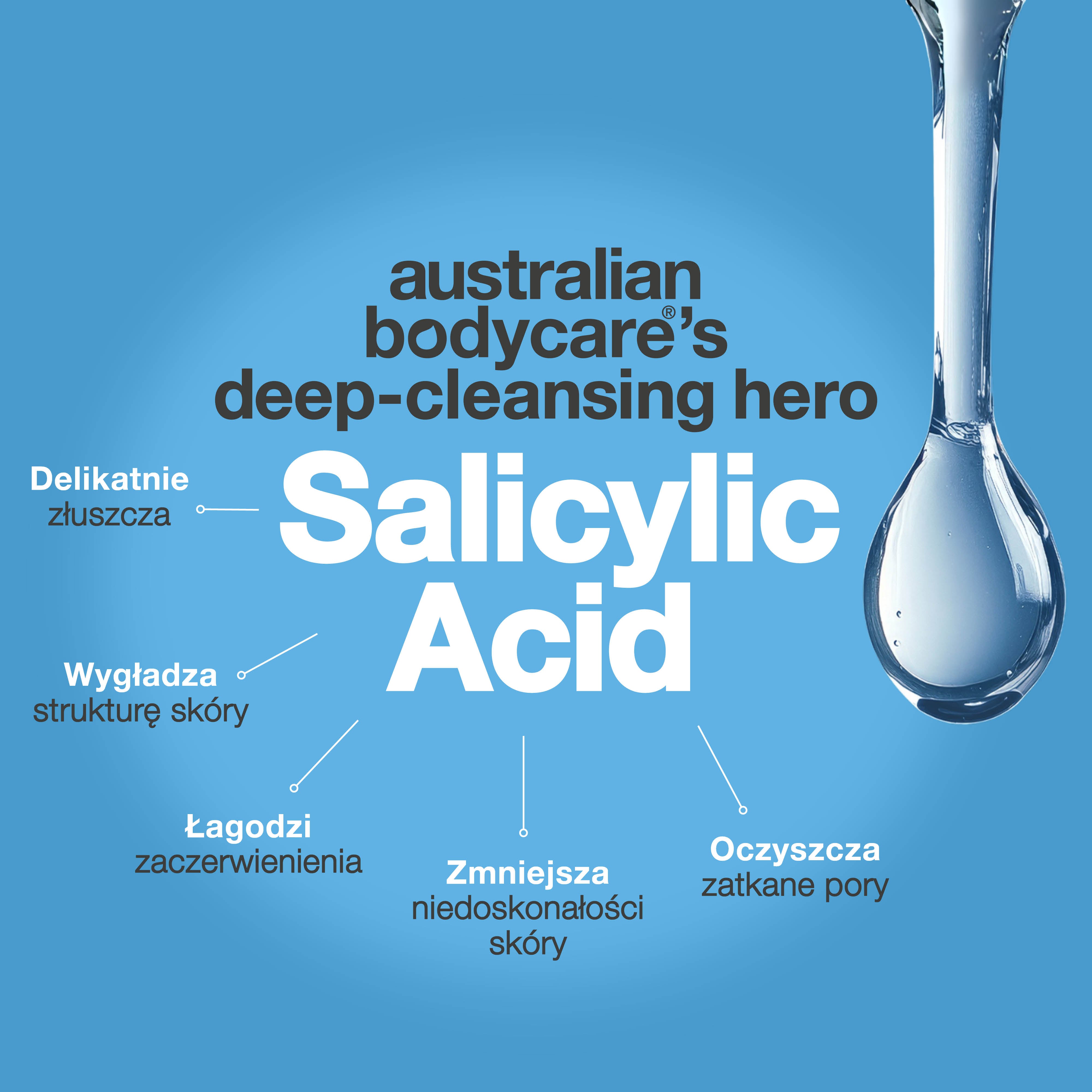 Salicylic Acid toner redukuje niedoskonałości, zaskórniki i przetłuszczanie skóry. Działa skutecznie i delikatnie. Salicylic Acid od Australian Bodycare.