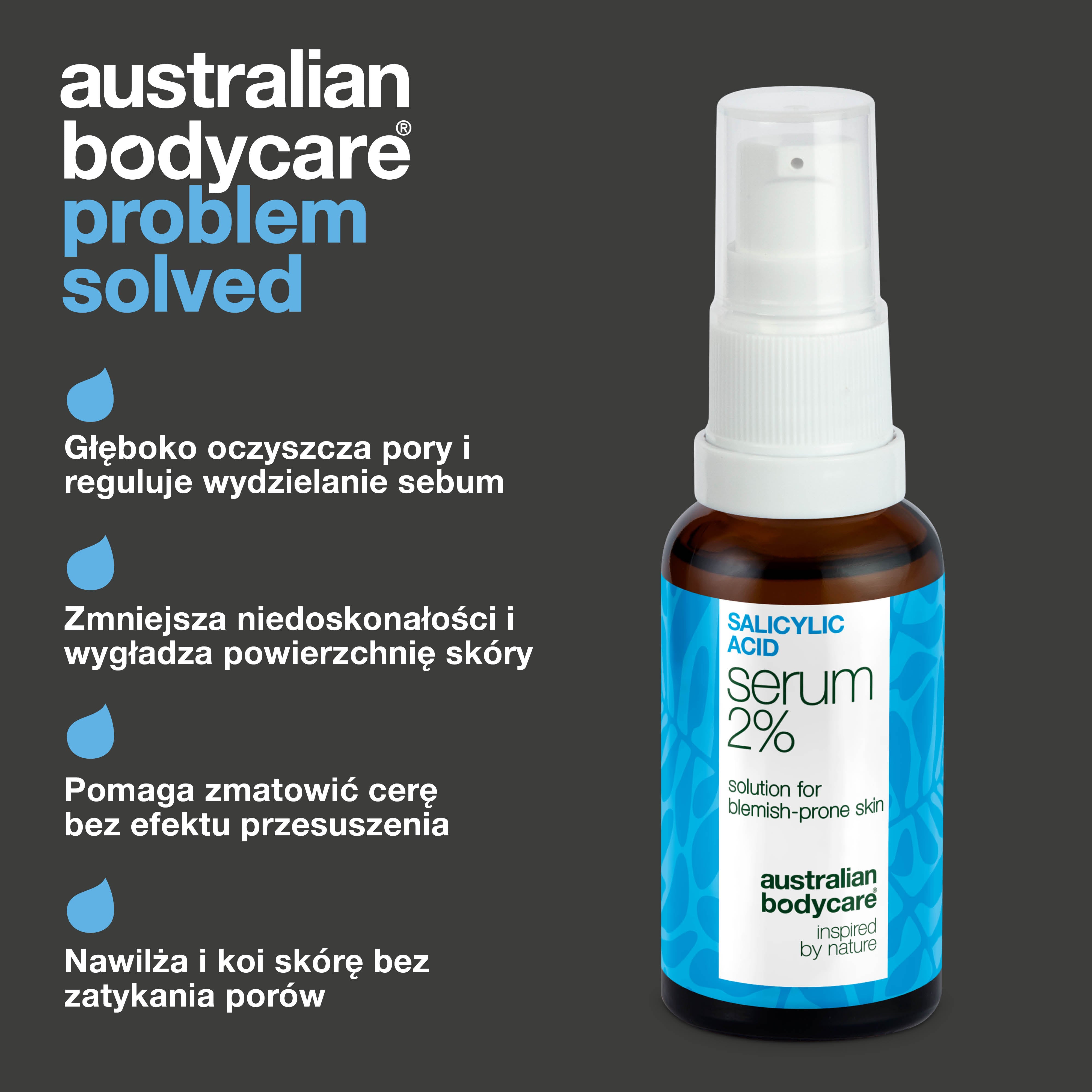 Serum z kwasem salicylowym 2% do skóry z niedoskonałościami i zatkanymi porami. Składniki: Zinc PCA, ekstrakt z zielonej herbaty, gliceryna, hialuronian.