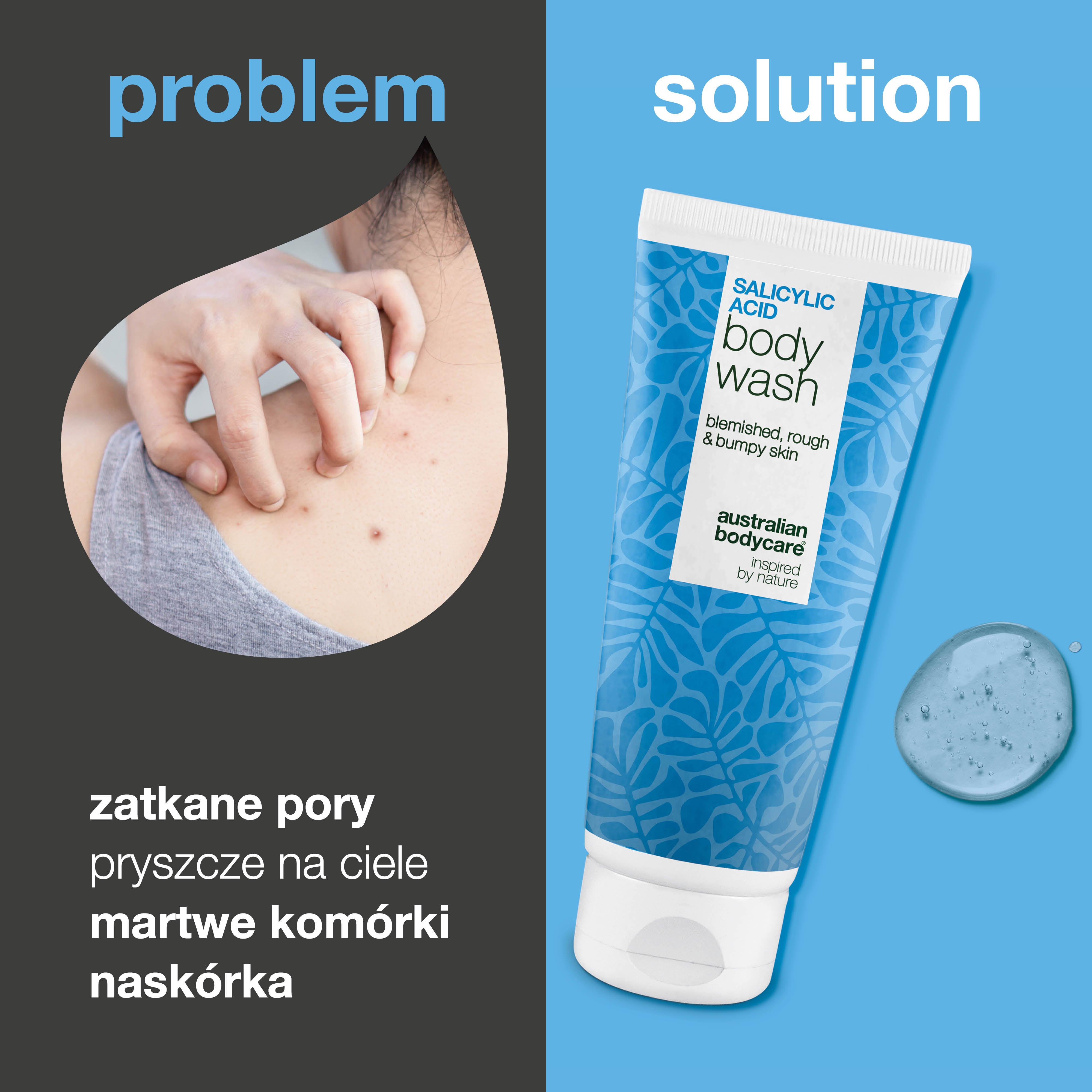 Żel do mycia ciała z kwasem salicylowym na niedoskonałości skóry pleców i pośladków. Formuła z kwasem salicylowym, niacynamidem i cynkiem PCA.