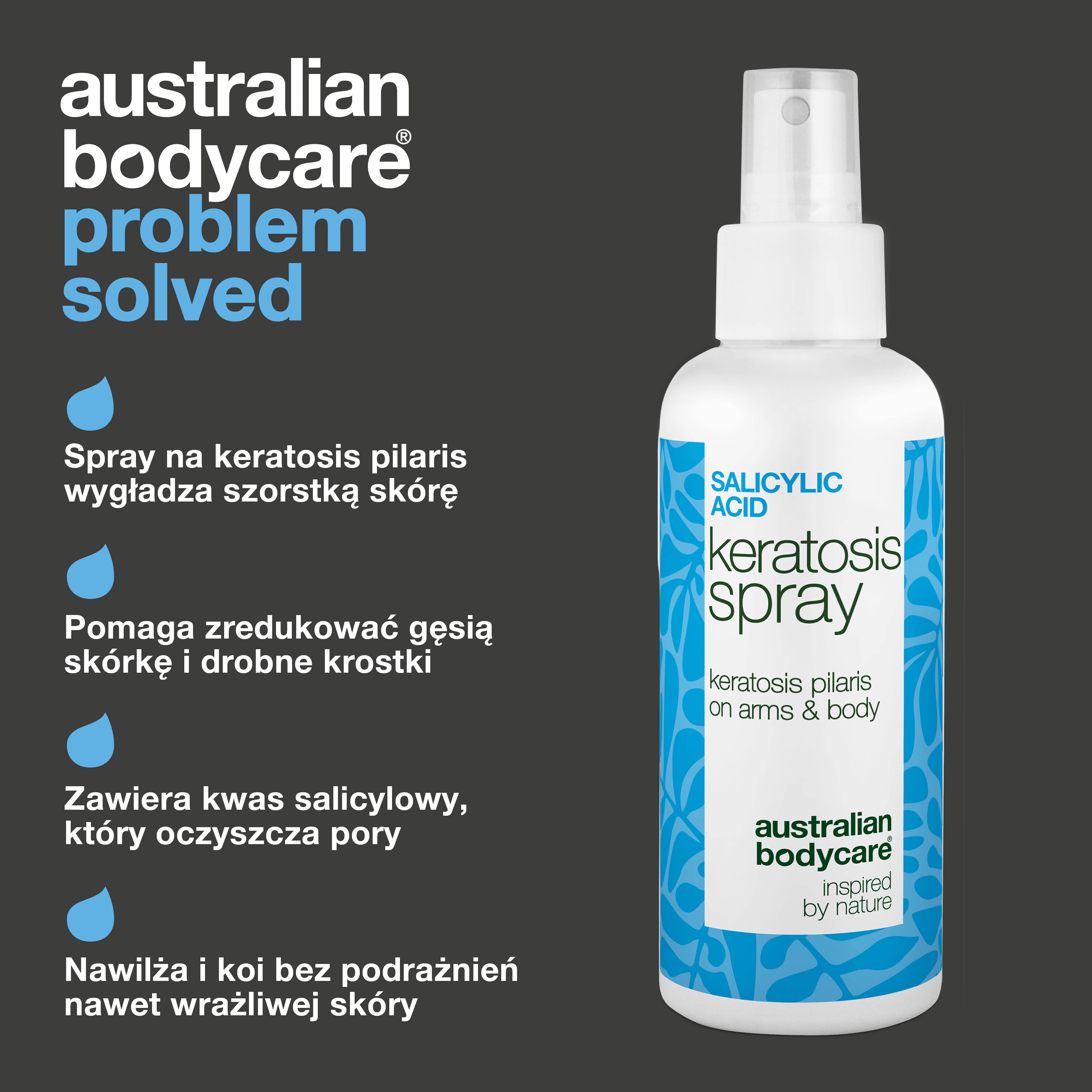 Spray na keratosis pilaris i szorstką skórę z krostkami — rogowacenie mieszkowe spray wygładza szorstką skórę i zmniejsza krostki. Zawiera kwas salicylowy dla delikatnego złuszczania.