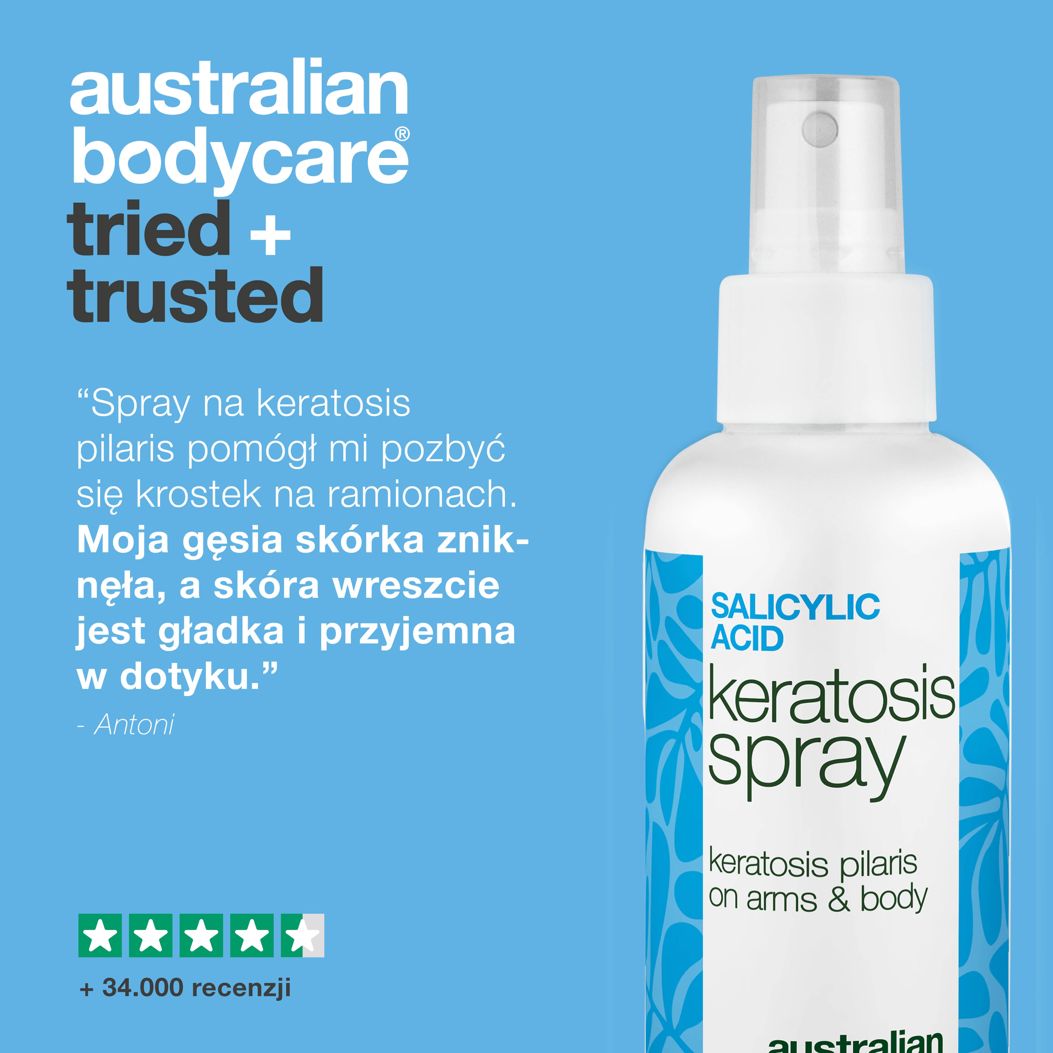Spray na keratosis pilaris i szorstką skórę z krostkami — rogowacenie mieszkowe spray wygładza szorstką skórę i zmniejsza krostki. Zawiera kwas salicylowy dla delikatnego złuszczania.