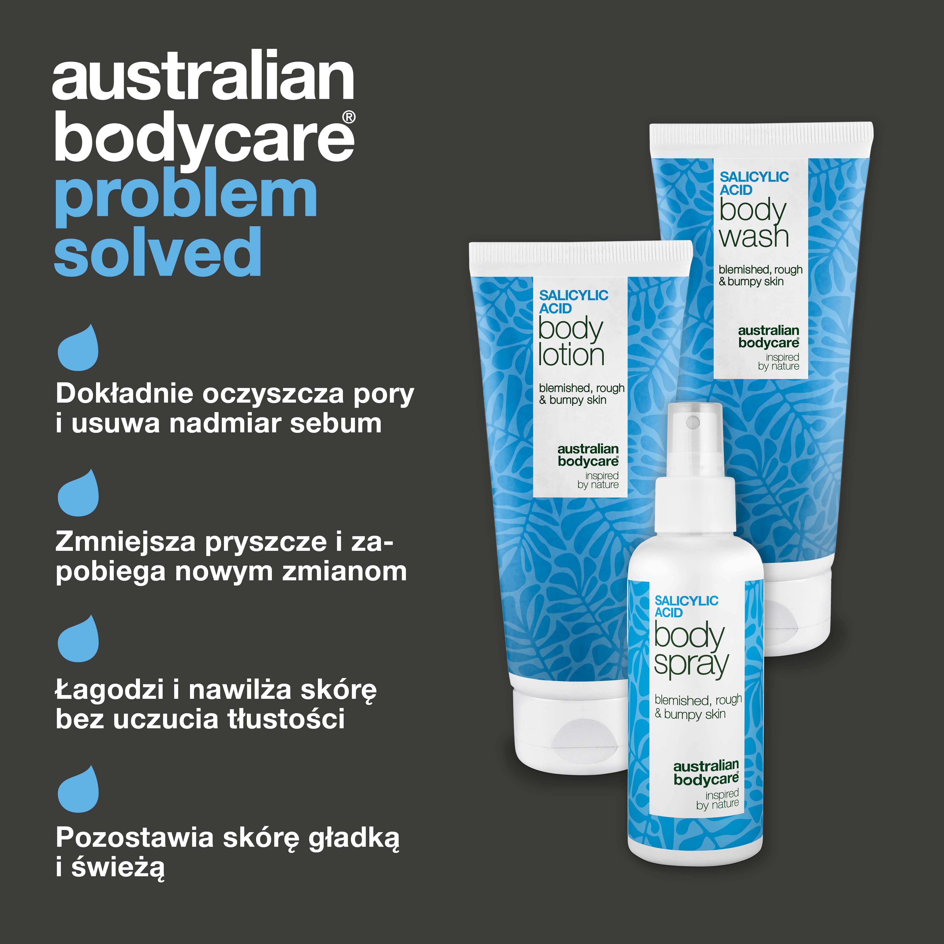 Zestaw na pryszcze i niedoskonałości – 3 kroki z kwasem salicylowym — Pielęgnacja ciała z pryszczami. Z kwasem salicylowym i pantenolem, który oczyszcza, łagodzi i przywraca równowagę skórze.