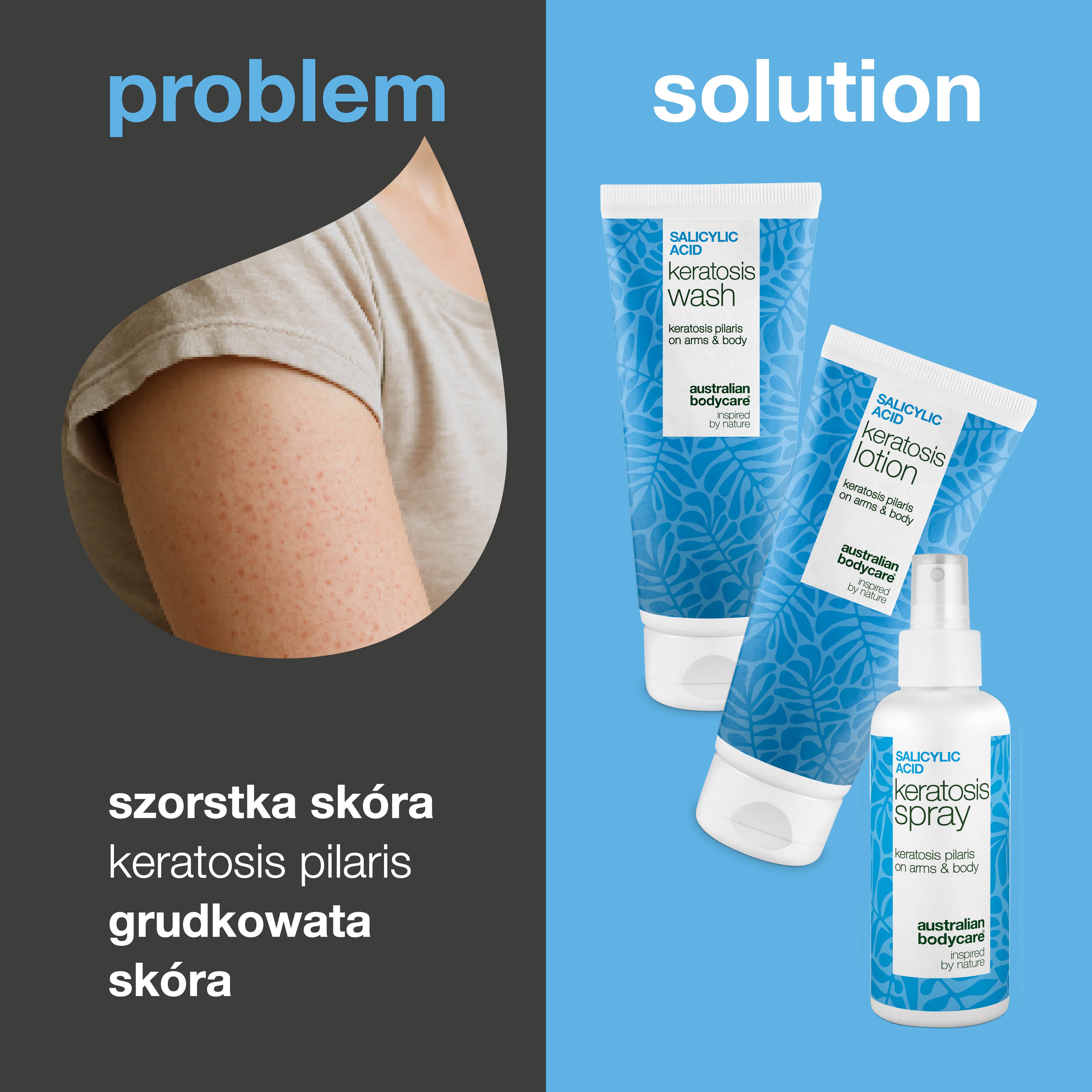 Zestaw na rogowacenie okołomieszkowe – Wygładza szorstką skórę — Zestaw na Keratosis Pilaris redukuje szorstką, suchą i grudkowatą skórę. Dla gładkiej i miękkiej skóry na ramionach i udach.