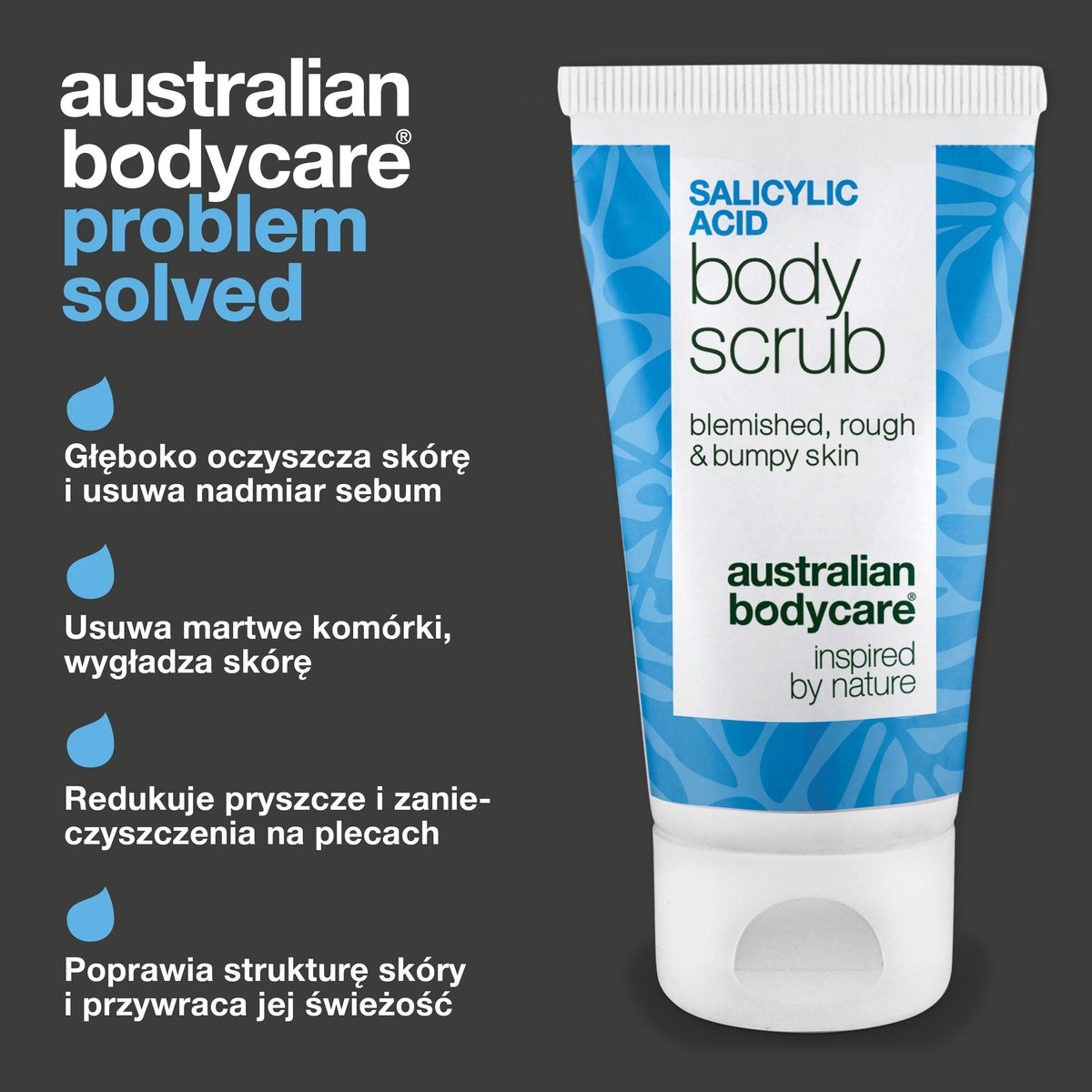 Salicylic Acid Body Scrub oczyszcza skórę w głębi i usuwa nadmiar sebum, złuszcza martwy naskórek, redukuje krostki na plecach, ramionach i klatce piersiowej oraz wygładza szorstką skórę