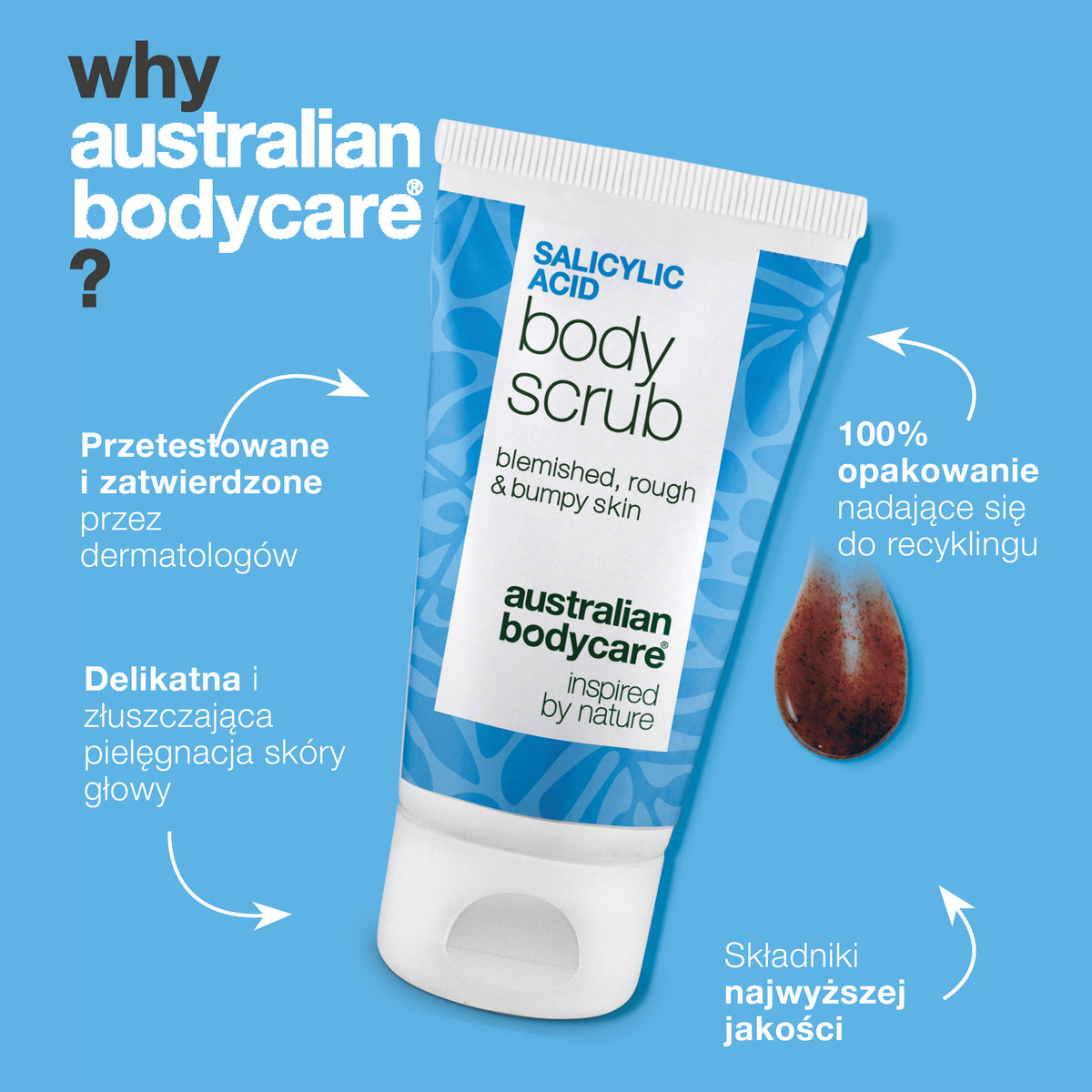 Dlaczego Australian Bodycare: Salicylic Acid Body Scrub jest przetestowany i zatwierdzony przez dermatologów, delikatny i skuteczny w pielęgnacji ciała, ze składnikami najwyższej jakości i w opakowaniu w 100% nadającym się do recyklingu