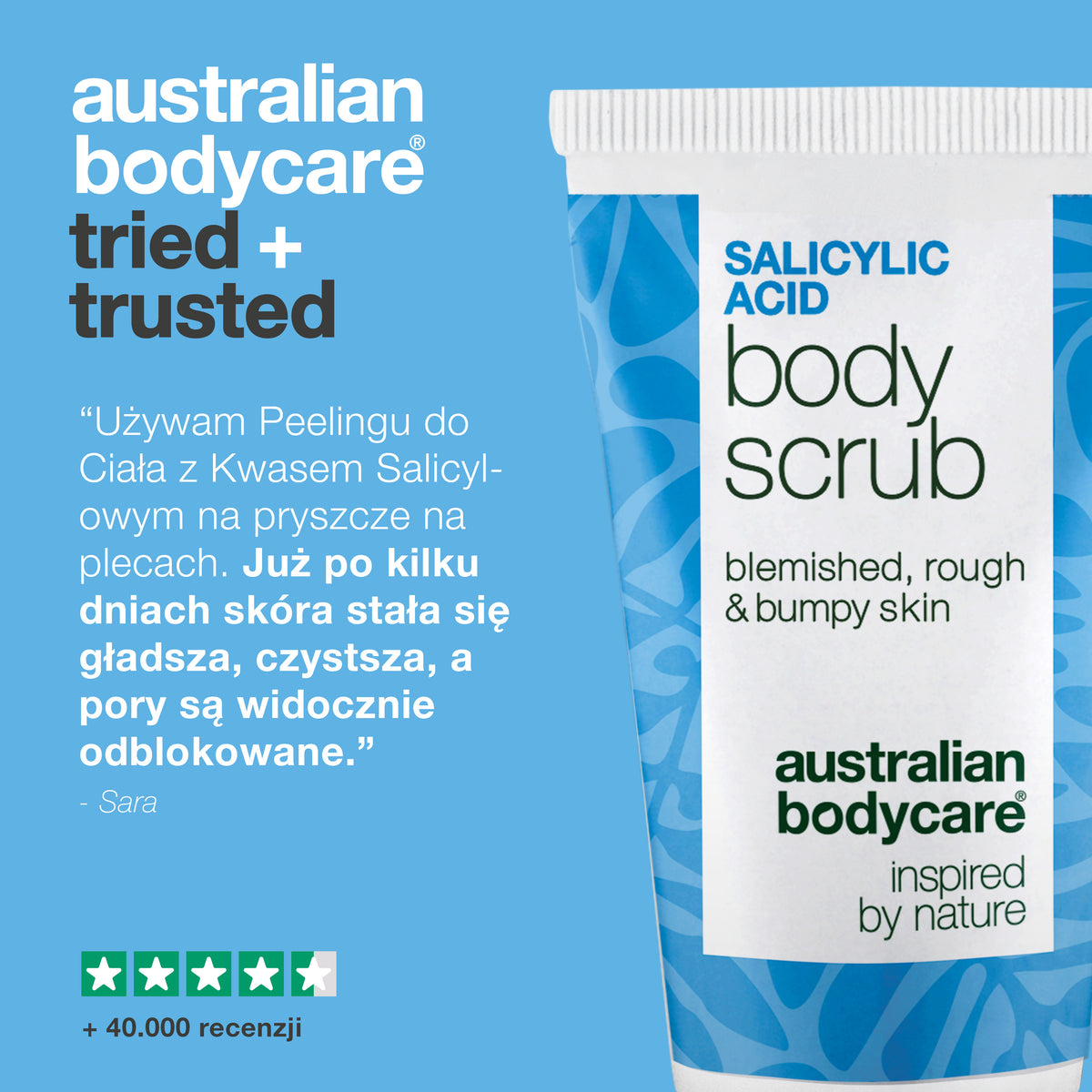 Opinia klientki o Salicylic Acid Body Scrub: krostki zniknęły, pory są czystsze, a skóra wygląda gładziej i czyściej — Sara. 4,5 na 5 gwiazdek i ponad 40 000 recenzji